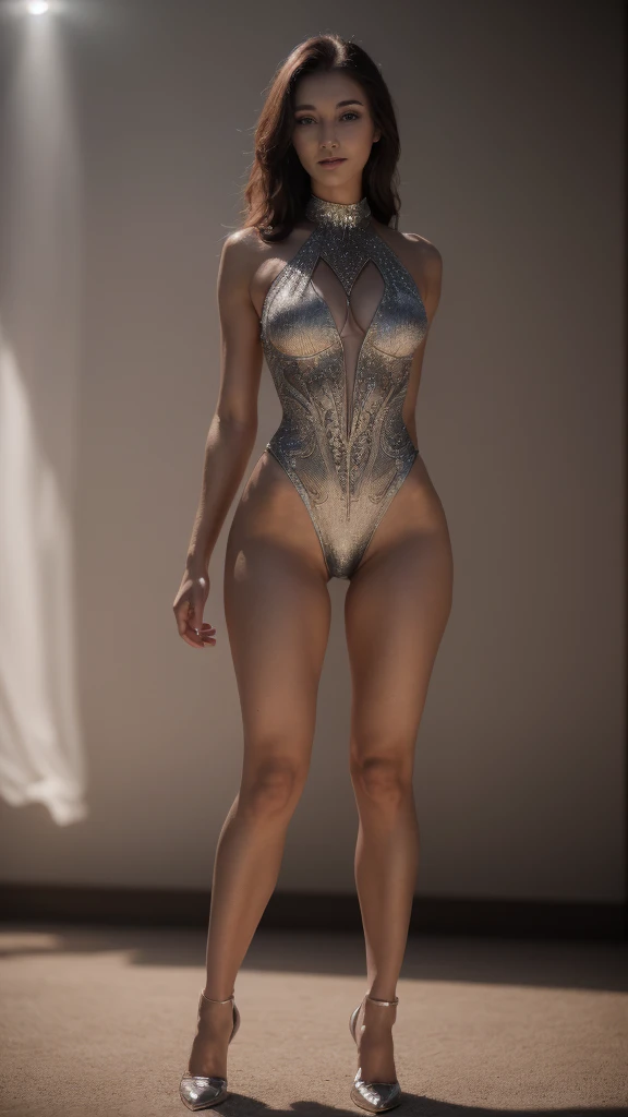 1 beautiful young woman with long legs, full body view, extremely detailed eyes, extremely detailed lips, extremely detailed facial features, long eyelashes, beautiful proportions, athletic body, smiling, white and purple sheer metallic leotard, glowing skin, photorealistic, intricate details, best quality, 8k, masterpiece, realistic, dark room with smoke