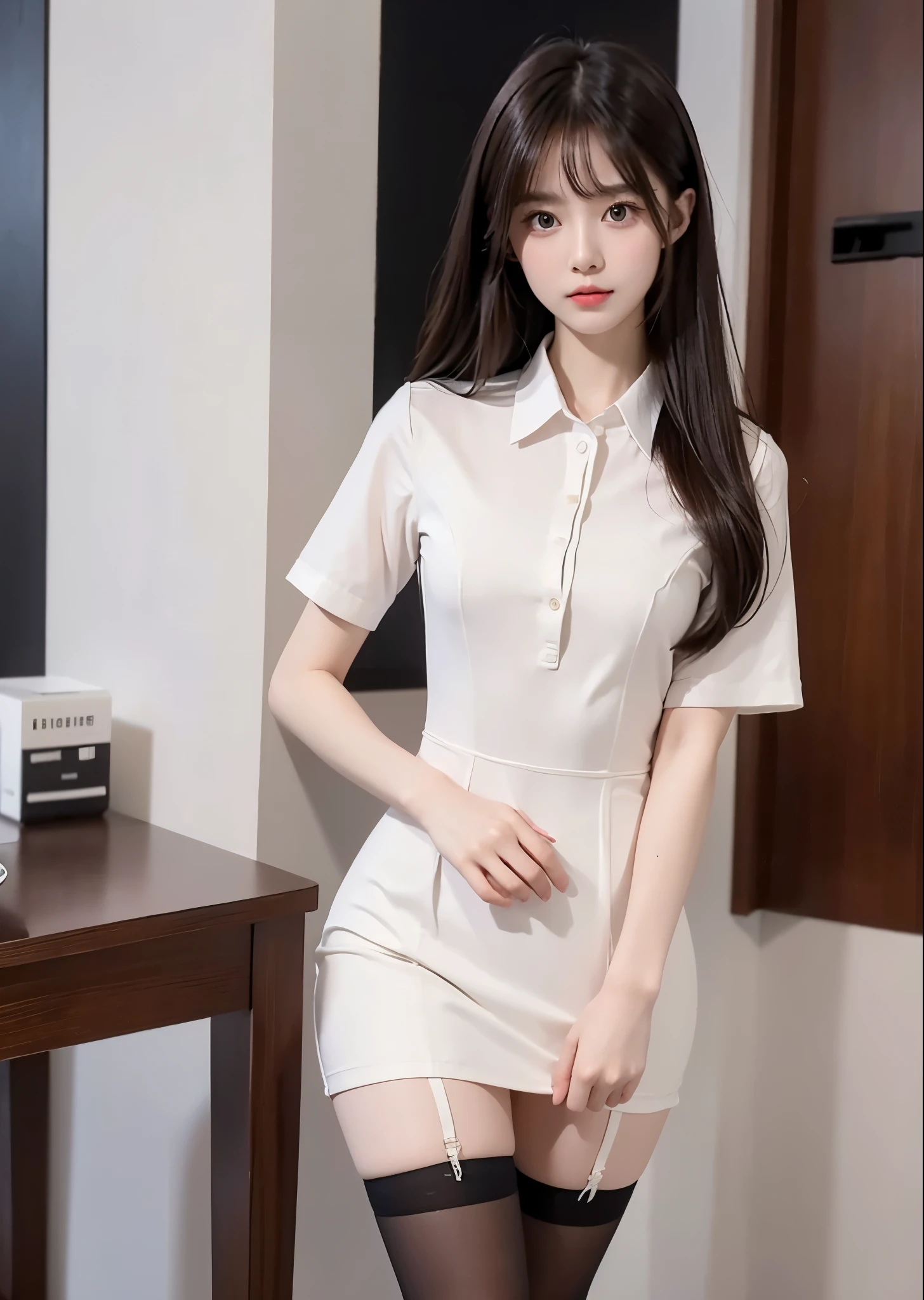 Best Quality,  full body portrait, delicate face,  beautiful face, Big Eyes: 1.1, compensate: 1.2, 25-year-old woman,  slender body,  Small Bust , Office Lady Uniform,  white collar uniform for women, Office uniform,  black stockings , Outdoor Scene,  standing , Long Hair, nude, nude, nude