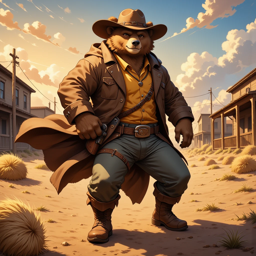 sheriff's, a musclegut middle-aged clothing western bear man, sheriff's hat, pistol, revolver holster, costume, jacket, shirt, half pants, boots, rushing wind, gun duel, dynamic pose, evening sun, western village, path, a tumbleweed rolling across a desert landscape, detailed painting landscape, outdoor, BREAK full body in Michelangelo Buonarroti style, character focus, 1boy, full body, looking away, dynamic angle, niji6, niji5, BREAK complete anatomy, perfect proportions, beautiful thigh gap, fluffy body, intricate fur details, beautiful fur texture, BREAK detailed bear 1tail, detailed boots, beautiful foot, detailed hands, 5fingers, 5fingers nails, BREAK aesthetic anime face, insanity detailed face, male face, big face, square jawline, aesthetic anime eyes, detailed brown eyes, detailed brown cornea, detailed dark brown irises, detailed pupils, male eyes, big eyes, male eyebrows, innocent look, beautiful beard, BREAK masterpiece, official art, best quality, very aesthetic, absurdres, super fine illustration, great quality, BREAK noise reduction, very highres, large filesize, high quality, 32K, 8k wallpaper, dynamic lighting, BREAK insanity detailed, ultra detailed, intricate details, extremely detailed, detailed texture, an extremely delicate and beautiful, full color, HDR, BREAK e621 illustration, Fur Affinity illustration, osukemo, kemohomo, anthropomorphic, furry, cartoon, harmonious eyes, pastoral face, virtuous body, western atmosphere 