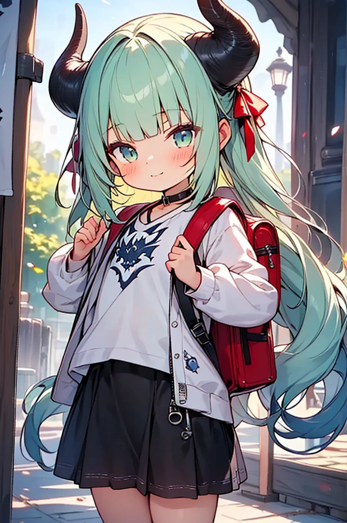 masterpiece,best quality,ultra detailed,
dragon god girl, (((loli, young, petite))), Buffalo-like dragon horns, light green hair, very long twin tails, very voluminous hair, (((blunt bangs))), Red backpack /(school bag/),