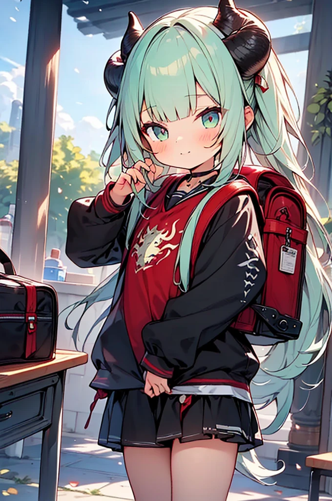 masterpiece,best quality,ultra detailed,
dragon god girl, (((li, young, petite))), Buffalo-like dragon horns, light green hair, very long twin tails, very voluminous hair, (((blunt bangs))), Red backpack /(school bag/),