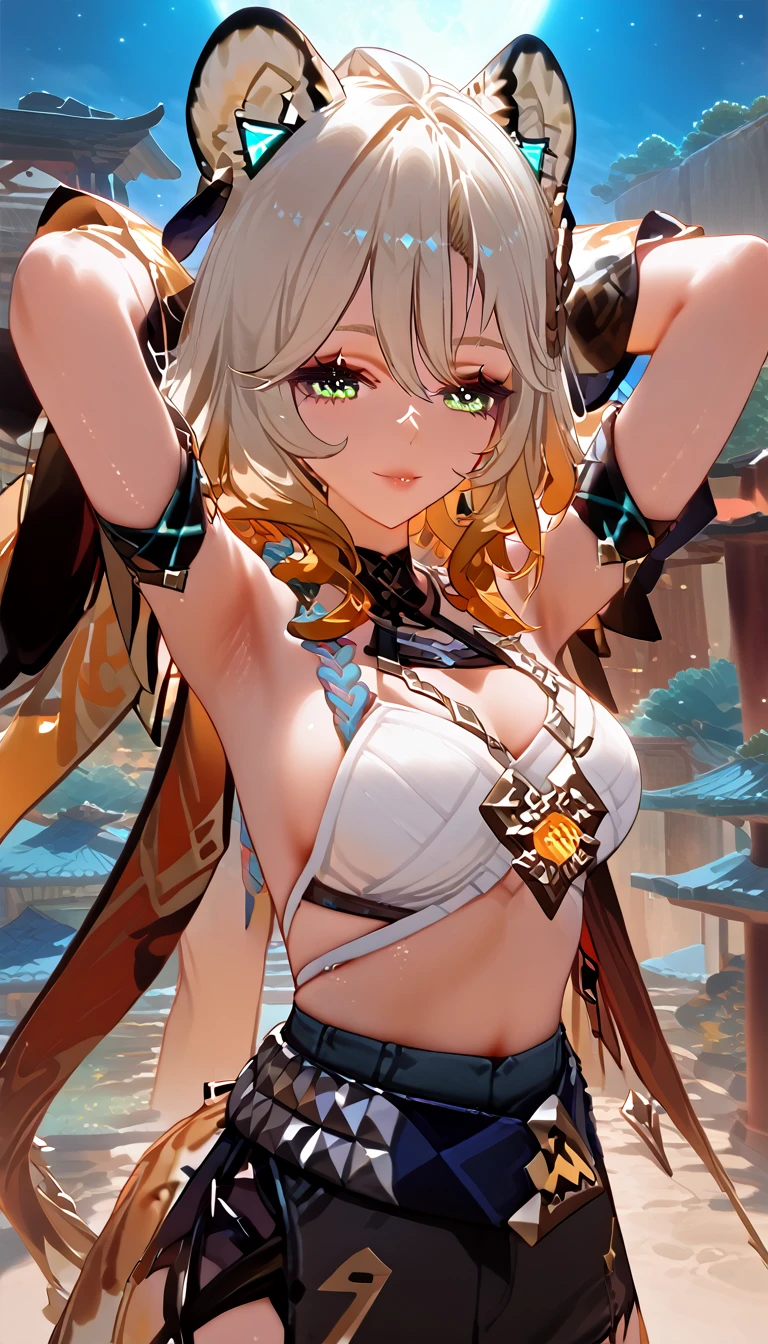 masterpiece, 8k, high resolution, shrine, semi-realistic, 1 girl, portrait 3:4, (high detailed face), (detailed body and clothes), (detailed hands, no bad hands, No bad fingers), dancing, arms up, (hands behind the head), smile, looking at viewer, dynamic, medium breasts, sexy, perfect body, perfect legs, no stockings , Xilonen (genshin_impact), genshin_impact, puffy breasts, desert midnight, moon and stars.