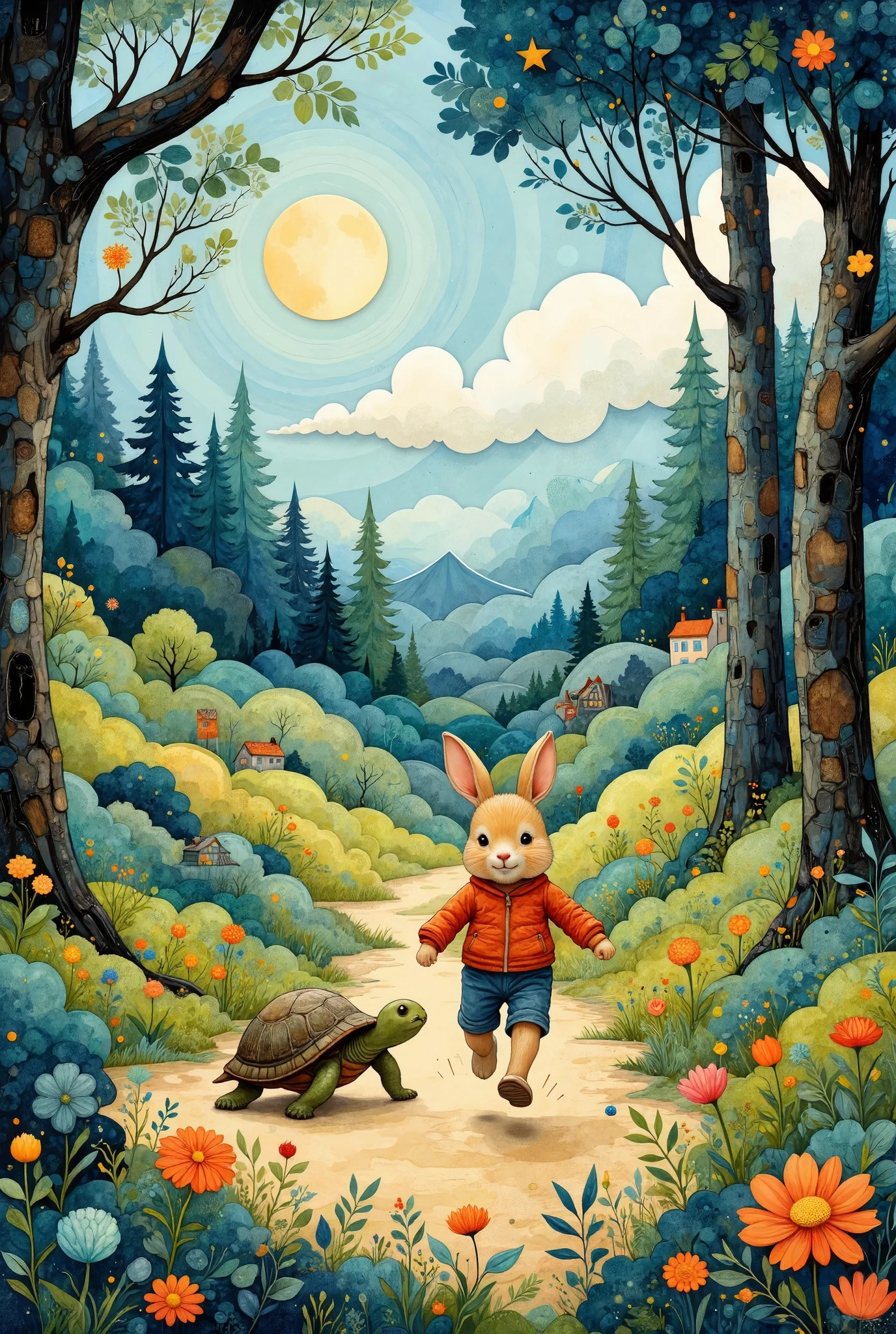 Handmade style,Picture books,Rabbits and turtles compete in the forest,Running,cute, comical , minimalist, dynamic,front