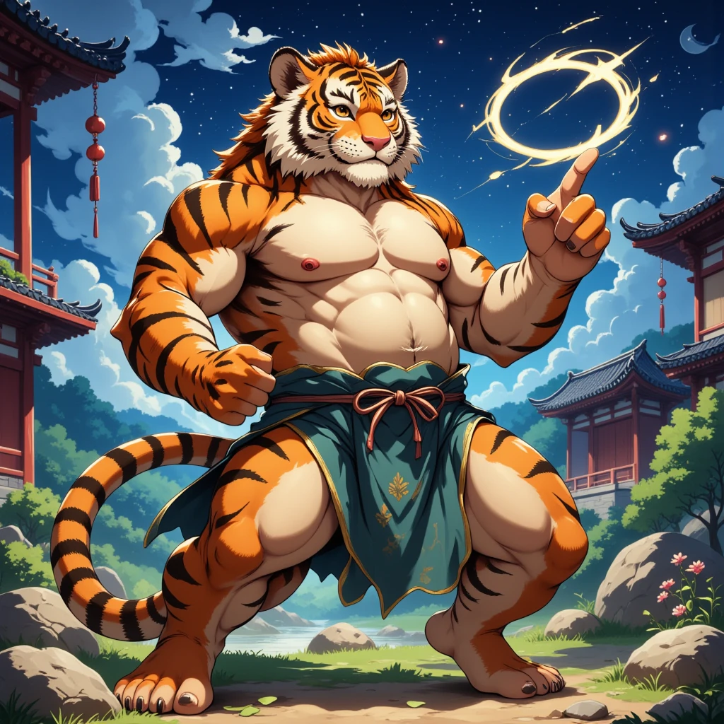 character focus, full body, looking away, dynamic angle, wuxia, daoist, a muscular middle-aged chinese tiger man, full body in Michelangelo Buonarroti style, housamo style, digital illustration anime, BREAK serious, costume clothes, robe, shirt, pants, standing, drawing a circle in the air with a finger, dynamic pose, detailed painting landscape, starry sky, chinese shrine, outdoor, complete anatomy, perfect proportions, beautiful thigh gap, fluffy body, intricate fur details, beautiful fur texture, BREAK (detailed tiger 1tail,) detailed toe, 5toes, 5toes nails, beautiful foot, BREAK detailed hands, 5fingers, 5fingers nails, BREAK aesthetic anime face, insanity detailed face, male face, big face, square jawline, aesthetic anime eyes, detailed brown eyes, detailed brown cornea, detailed dark brown irises, detailed pupils, male eyes, big eyes, male eyebrows, innocent look, beautiful beard, BREAK masterpiece, official art, best quality, very aesthetic, absurdres, super fine illustration, great quality, BREAK noise reduction, very highres, large filesize, high quality, 32K, 8k wallpaper, dynamic lighting, BREAK insanity detailed, ultra detailed, intricate details, extremely detailed, detailed texture, an extremely delicate and beautiful, full color, BREAK e621 illustration, osukemo, kemohomo, anthropomorphic, furry, cartoon, harmonious, pastoral, virtuous, epic atmosphere 