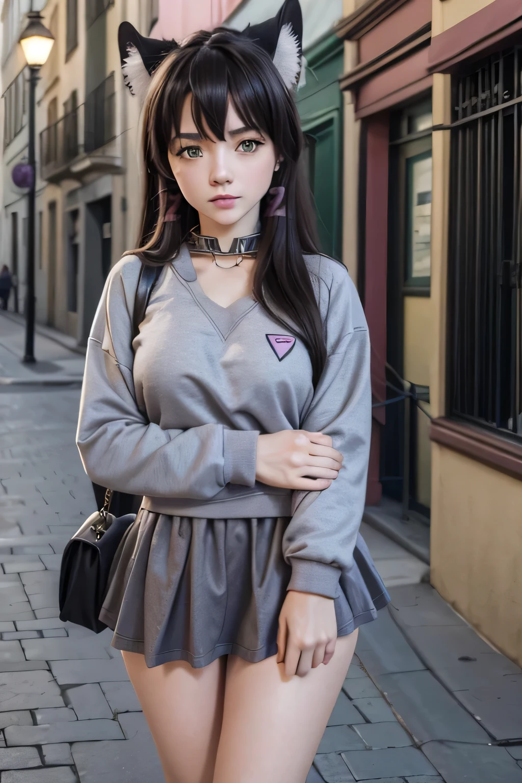 8K,Alta definición,3D,  Professional lighting , masterpiece ,1 girl,rem,Cat ears, black hair , long hair , green eyes,green eyes,large breasts,neckline, grey sweatshirt, grey sweatshirt abierta del pecho,Pink mini skirt,Pink uper pequeña, sexy pink miniskirt ,muslos grandes,on the street..