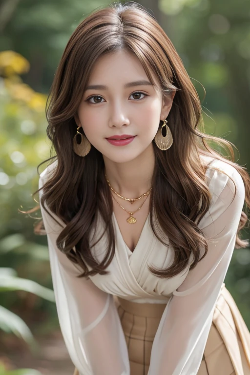 young woman、Light brown hair、、Curly Hair、ear piercing、Necklace around the neck、blouse、Emphasize the chest、Closed Mouth Smile、Intricate details, Very detailed:1.2), 、 Looking into the camera,The background is the office

