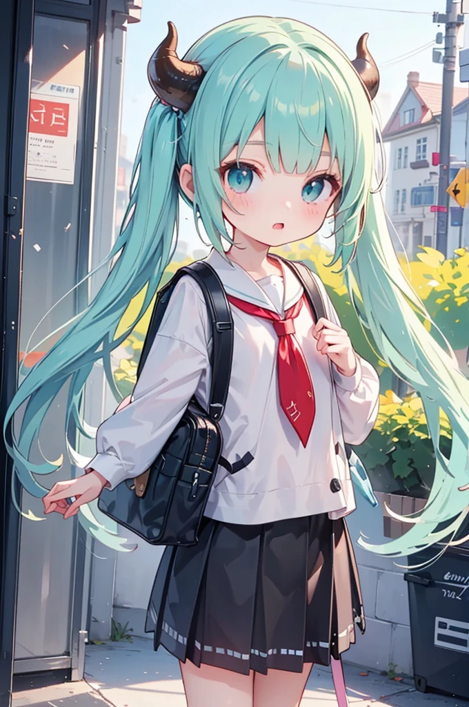 masterpiece,best quality,ultra detailed,
dragon god girl, (((loli, young, petite))), Buffalo-like dragon horns, light green hair, very long twin tails, very voluminous hair, (((blunt bangs))), Red backpack /(school bag/),