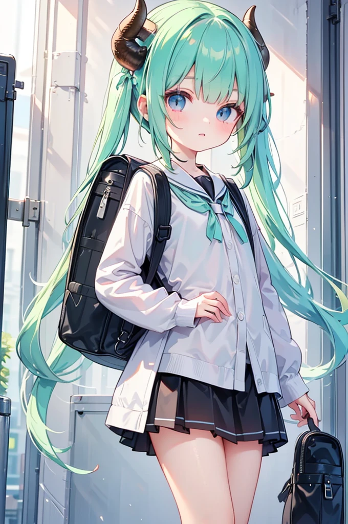 masterpiece,best quality,ultra detailed,
dragon god girl, (((li, young, petite))), Buffalo-like dragon horns, light green hair, very long twin tails, very voluminous hair, (((blunt bangs))), Red backpack /(school bag/),