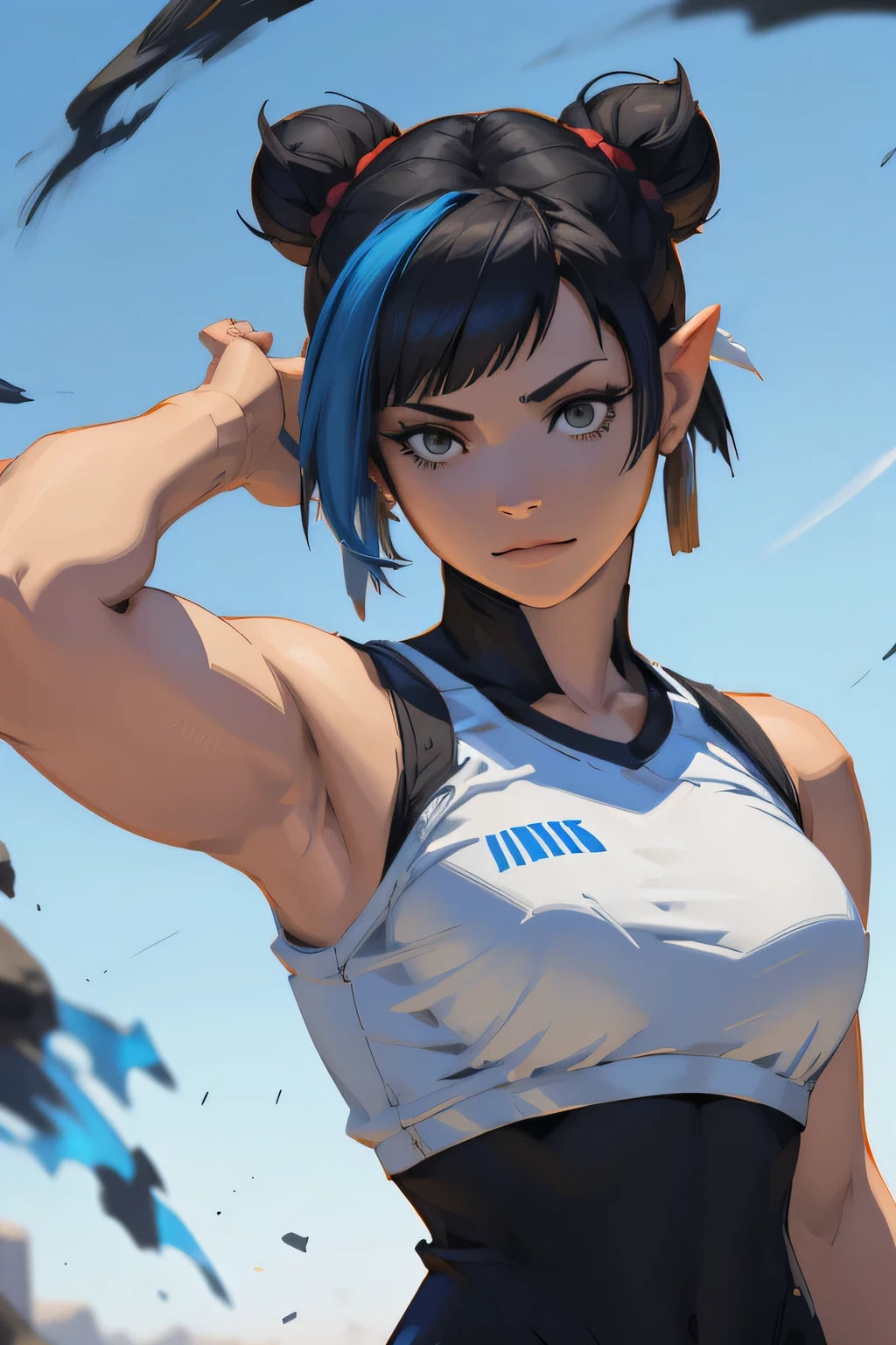 there is a woman with blue hair taking a selfie, short blue hair, with blue hair, blue short hair, short blue hair!!!, messy blue hair, halfbody headshot, blue hairs, blue hair, short blue haired woman, chloe price, sky blue highlights in hair, cyberpunk dyed haircut, flowing blue hair, brown hair with light blue ends, blue and black, LAUFEN, SHORT HAIR, DOUBLE BUN, BLUNT BANGS, Laofen, brown hair, brown eyes, hair_ornament, arafed woman with long black hair and a white shirt, seductive tifa lockhart portrait, tifa lockheart, tifa lockhart portrait, portrait of sadako of the ring, tifa lockhart, portrait of tifa lockhart, tifa, with haunted eyes and dark hair, with long dark hair, with long black hair, anime girl cosplay
