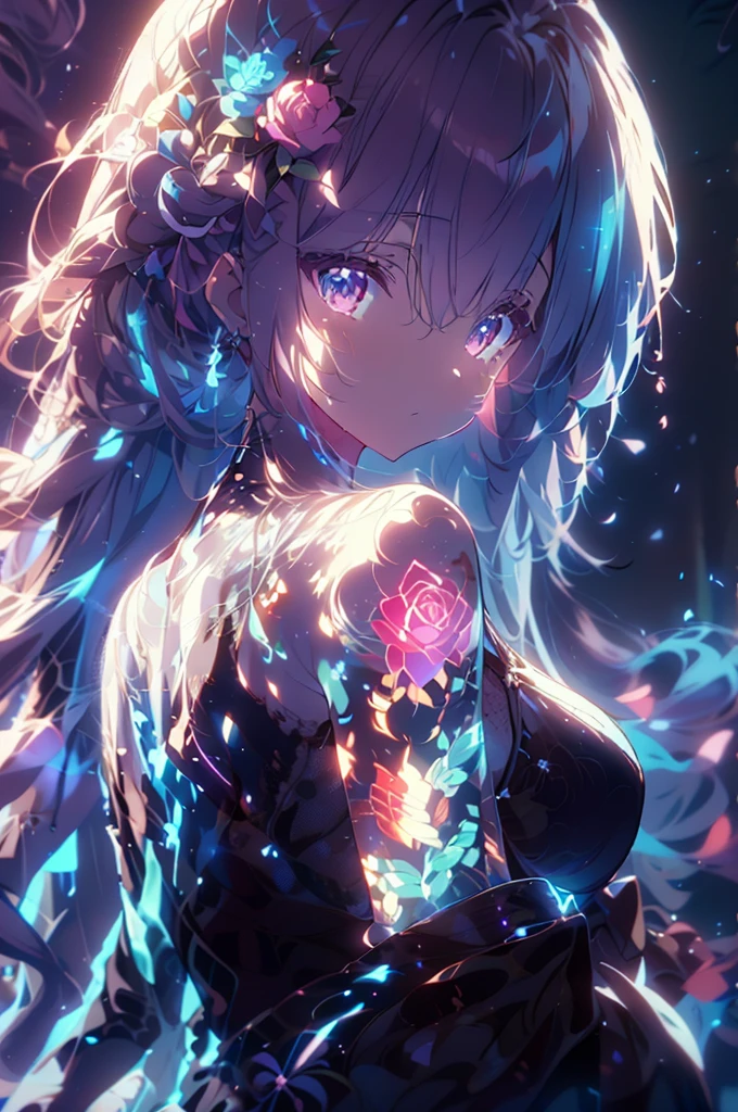 Anime Screenshot, artistic illustration of a female anime character adorned with glowing neon roses and doragon energy tattoo, The tattoo on her body and face, white, Rainbow color, Emits neon light, That girl is long, Flowing Hair, This scene has a dreamy soft focus effect, Enhances the dreamy glow of your tattoo