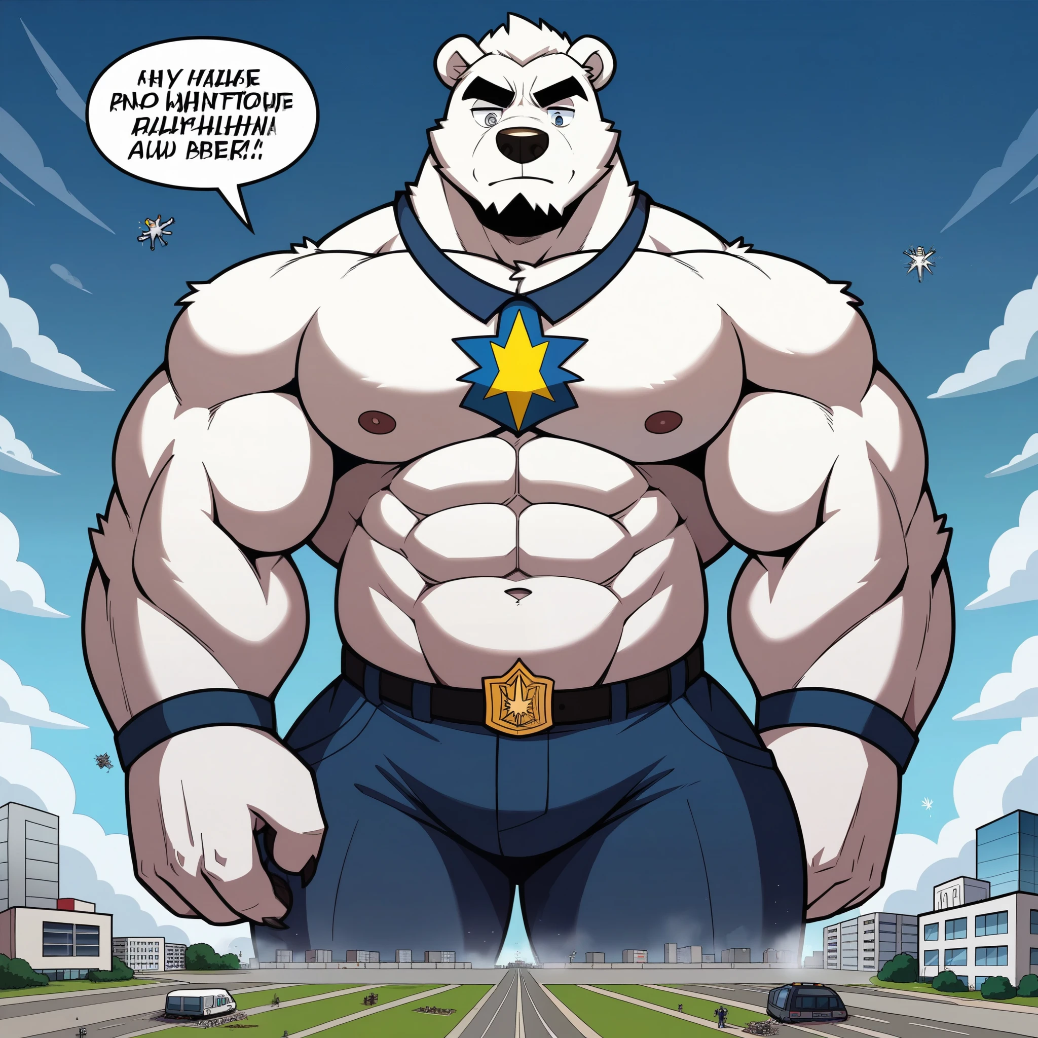 gekritzeltes polar bear Gesicht,Humanity (polar bear),pummelig,( black eyebrows :1.1),(perfect eyes),White fur,police,(artist:takemoto arashi),(collar:1.3),paw,( Black beard :1.3),(policeuniform:1.3) polar bear,(Massiv:3.0, big muscle :1.2( heavyweight ,stark,Macro, Emphasize )), background(( Building , Raise little speech ,the little sparks, the crack in the road )), Low perspective shot