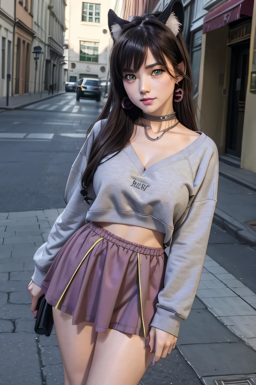 8K,Alta definición,3D,  Professional lighting , masterpiece ,1 girl,rem,Cat ears, black hair , long hair , green eyes,green eyes,large breasts,neckline,(grey sweatshirt,grey sweatshirt abierta del pecho, grey sweatshirt desabrochada,Expose Your Breasts )Pink mini skirt,Pink uper pequeña, sexy pink miniskirt ,muslos grandes,on the street..