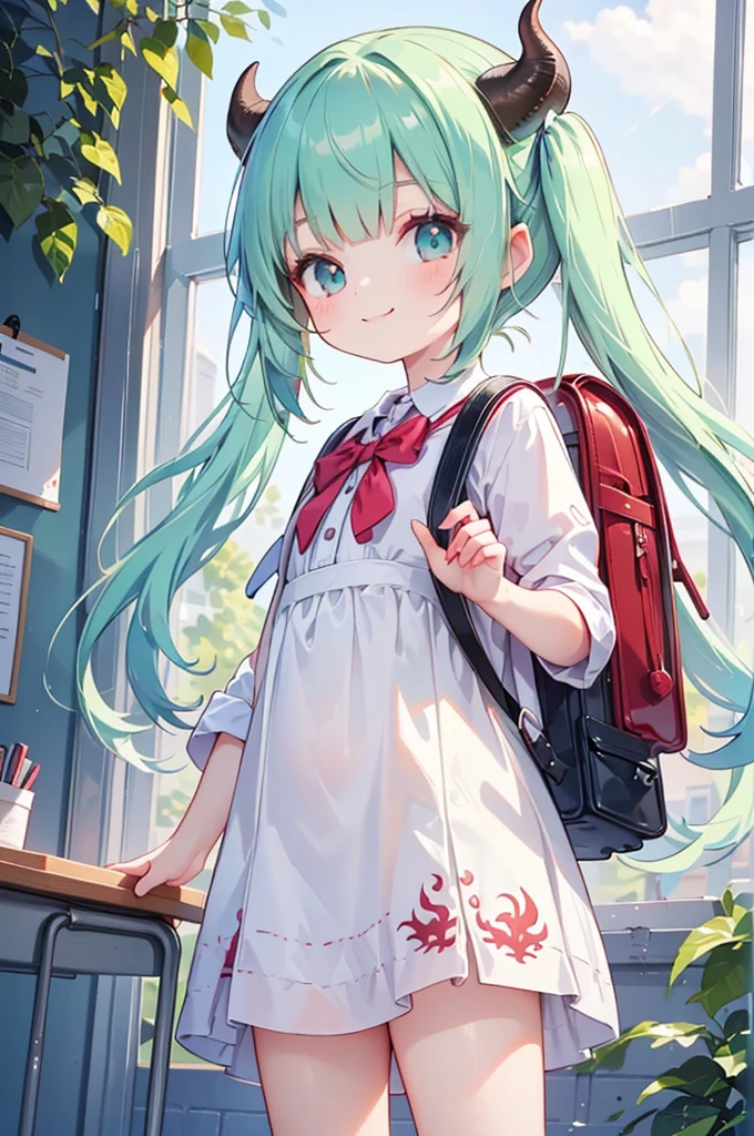 masterpiece,best quality,ultra detailed,
dragon god girl, (((loli, young, petite))), Buffalo-like dragon horns, light green hair, very long twin tails, very voluminous hair, (((blunt bangs))), (Red backpack /(school bag/) ), smile,