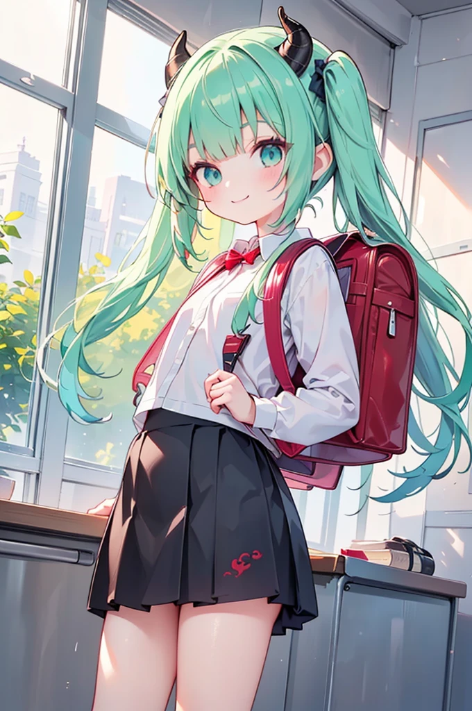 masterpiece,best quality,ultra detailed,
dragon god girl, (((loli, young, petite))), Buffalo-like dragon horns, light green hair, very long twin tails, very voluminous hair, (((blunt bangs))), (Red backpack /(school bag/) ), smile,