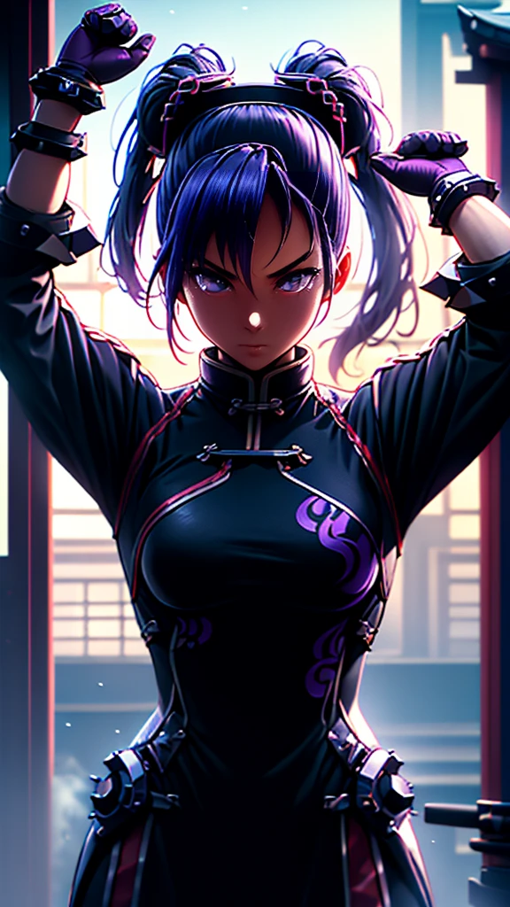  female ninja in quest、Female ninja、Black Costume、Suspicious atmosphere、 slash with a Japanese sword、Modern Ninja、The sword that holds up 、Mechanic design 、Mech Suit、 Satu Stance、 Female Warrior、Slash shines 、 high definition, Best Quality,  high detail ,  very detailed,  lens flare , chromatic aberration, Purple Hair,Side Up Ponytail