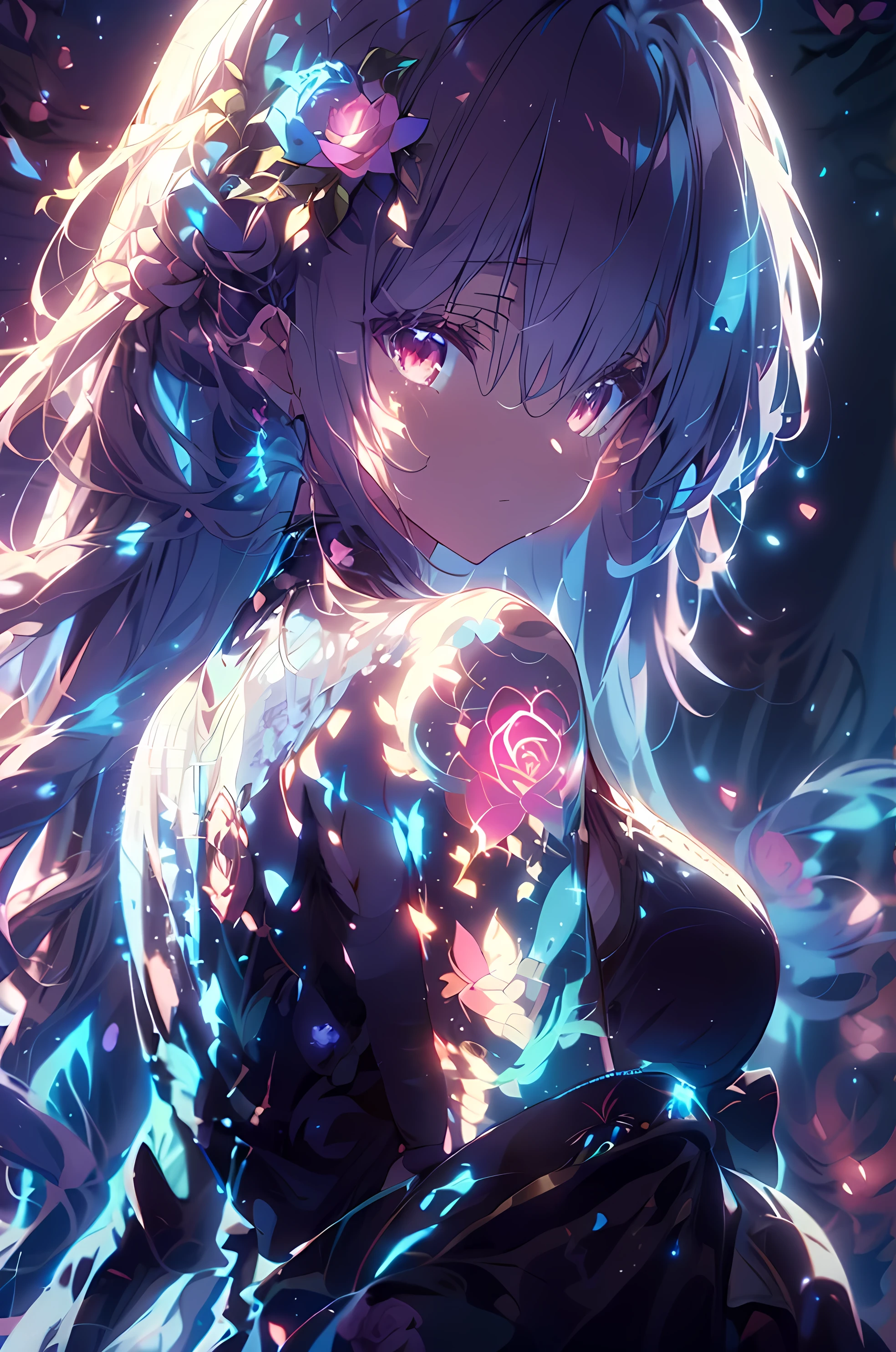 Anime Screenshot, artistic illustration of a female anime character adorned with glowing neon roses and doragon energy tattoo, The tattoo on her body and face, white, Rainbow color, Emits neon light, That girl is long, Flowing Hair, This scene has a dreamy soft focus effect, Enhances the dreamy glow of your tattoo