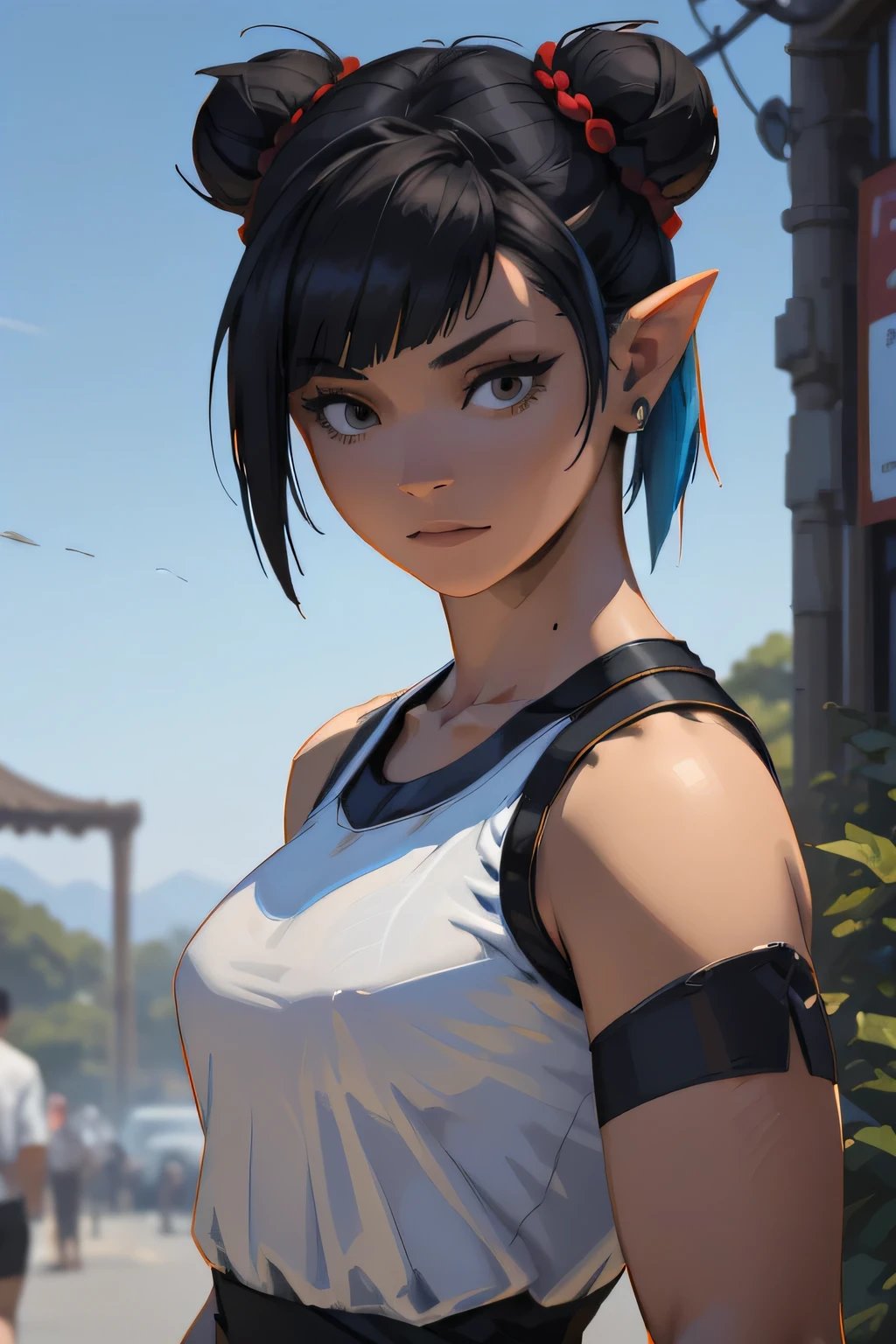 there is a woman with blue hair taking a selfie, short blue hair, with blue hair, blue short hair, short blue hair!!!, messy blue hair, halfbody headshot, blue hairs, blue hair, short blue haired woman, chloe price, sky blue highlights in hair, cyberpunk dyed haircut, flowing blue hair, brown hair with light blue ends, blue and black, LAUFEN, SHORT HAIR, DOUBLE BUN, BLUNT BANGS, Laofen, brown hair, brown eyes, hair_ornament, arafed woman with long black hair and a white shirt, seductive tifa lockhart portrait, tifa lockheart, tifa lockhart portrait, portrait of sadako of the ring, tifa lockhart, portrait of tifa lockhart, tifa, with haunted eyes and dark hair, with long dark hair, with long black hair, anime girl cosplay