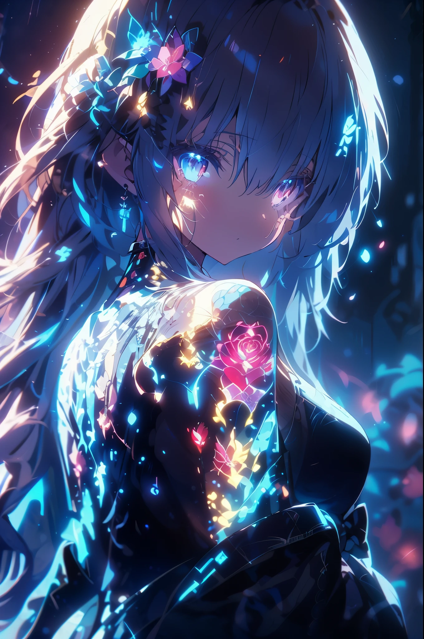 Anime Screenshot, artistic illustration of a female anime character adorned with glowing neon roses and doragon energy tattoo, The tattoo on her body and face, white, Rainbow color, Emits neon light, That girl is long, Flowing Hair, This scene has a dreamy soft focus effect, Enhances the dreamy glow of your tattoo