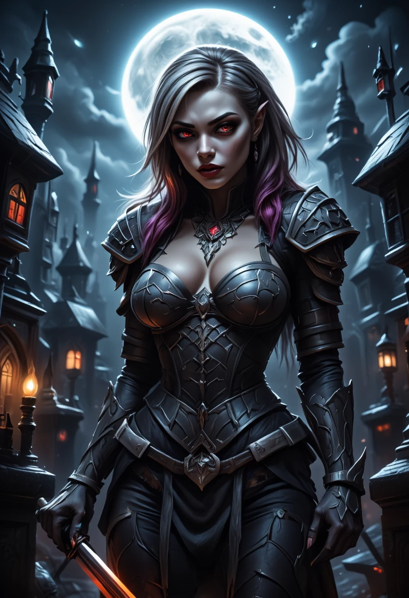 score_9, score_8_up, score_7 , Arafed, dark fantasy art, gothic art, a picture of a vampire ready for battle, female vampire, glowing eyes, vampire fangs, armed with a sword, wearing heavy armor , armed with a sword, shining sword, ultra detailed face (intricate detailed, Masterpiece, best quality: 1.4), pale skin, glowing eyes, red eyes, ultra feminine, pale skin, dynamic hair, dark fantasy urban street (intricate detailed, Masterpiece, best quality: 1.4), moon light, star light, clouds, ral-ertmsphr