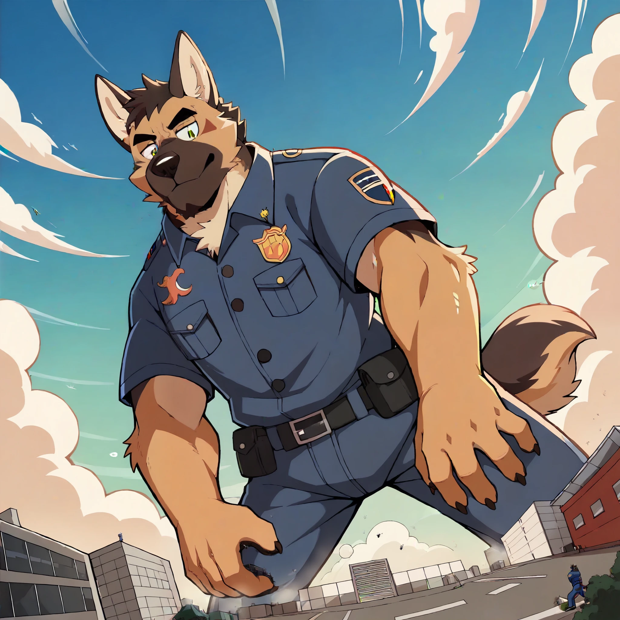 gekritzeltes German shepherd dog Gesicht,Humanity (German shepherd dog),pummelig,( black eyebrows :1.1),(perfect eyes),White fur,police,(artist:takemoto arashi),(collar:1.3),paw,( Black beard :1.3),(policeuniform:1.3) German shepherd dog ,(Massiv:3.0, ( heavyweight ,stark,Macro, Emphasize )), background(( Building , Raise little speech ,the little sparks, the crack in the road )), Low perspective shot