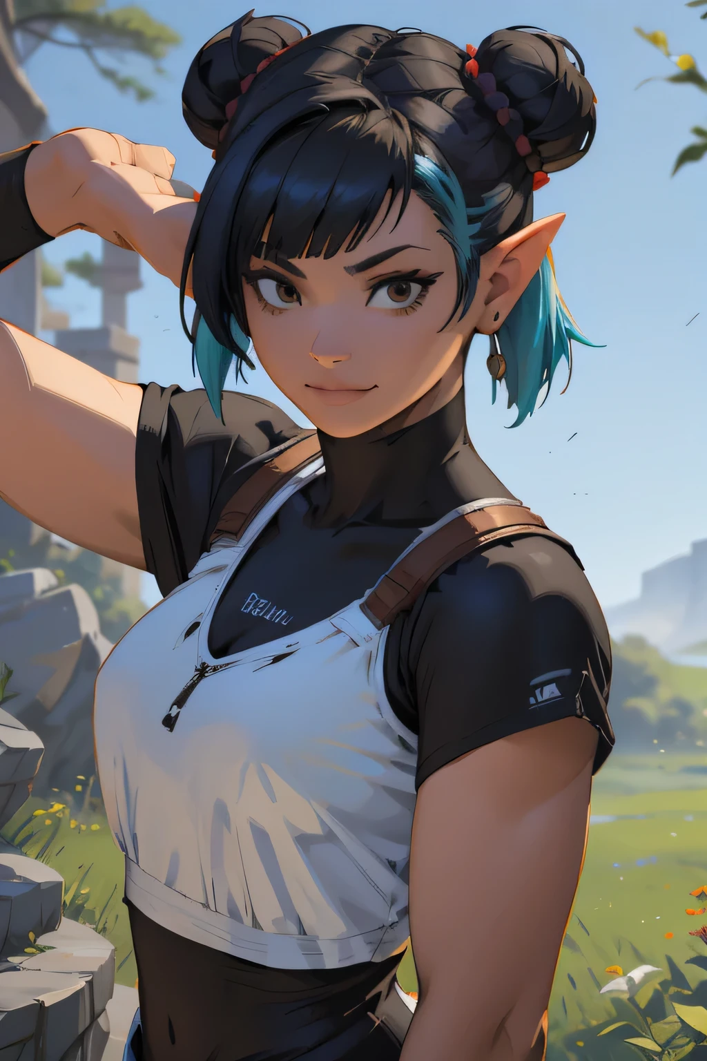 there is a woman with blue hair taking a selfie, short blue hair, with blue hair, blue short hair, short blue hair!!!, messy blue hair, halfbody headshot, blue hairs, blue hair, short blue haired woman, chloe price, sky blue highlights in hair, cyberpunk dyed haircut, flowing blue hair, brown hair with light blue ends, blue and black, LAUFEN, SHORT HAIR, DOUBLE BUN, BLUNT BANGS, Laofen, brown hair, brown eyes, hair_ornament, arafed woman with long black hair and a white shirt, seductive tifa lockhart portrait, tifa lockheart, tifa lockhart portrait, portrait of sadako of the ring, tifa lockhart, portrait of tifa lockhart, tifa, with haunted eyes and dark hair, with long dark hair, with long black hair, anime girl cosplay in a field, running smile face