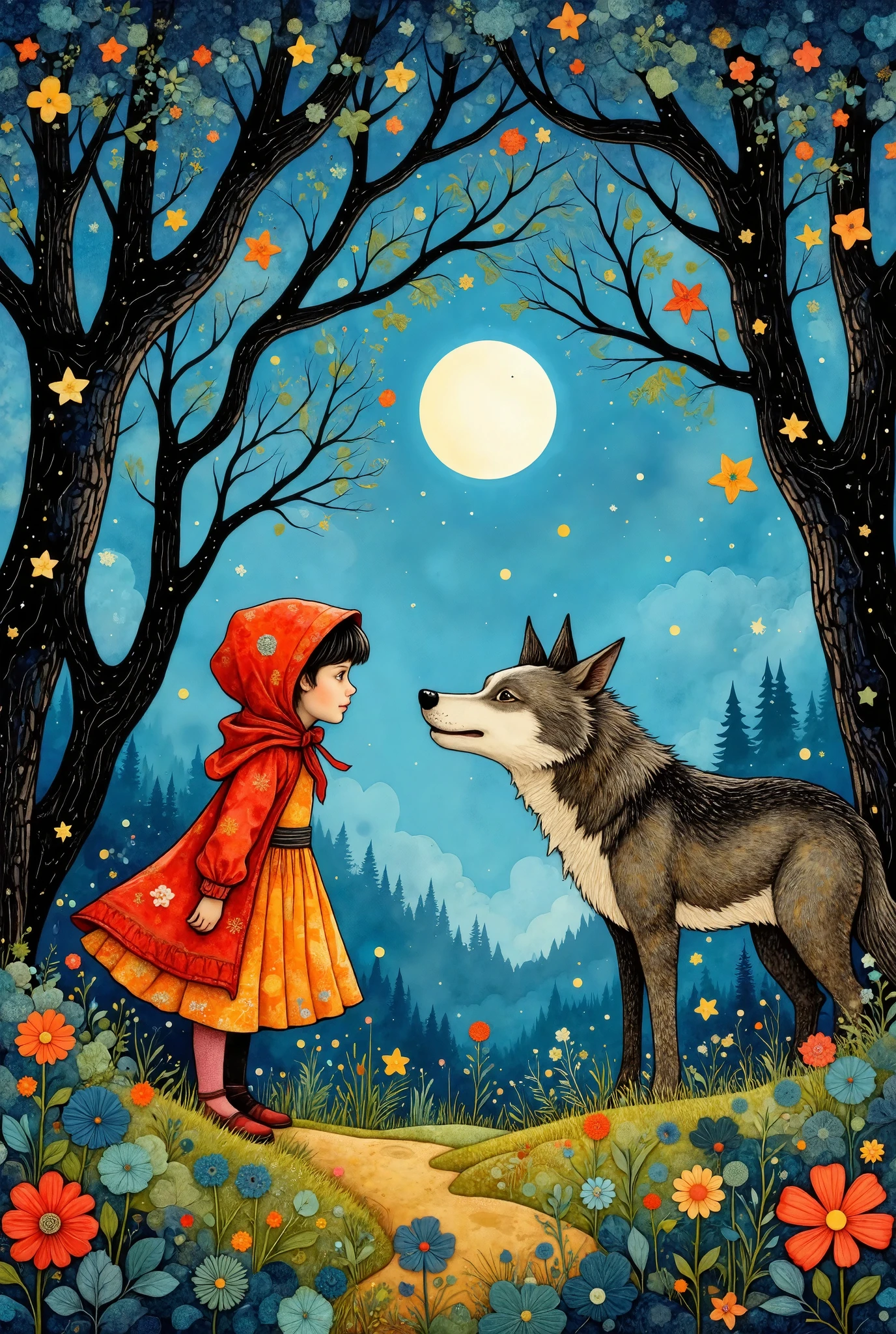 Handmade style,Picture books, Little Red Riding Hood and wolves meet in the forest , comical , minimalist, dynamic