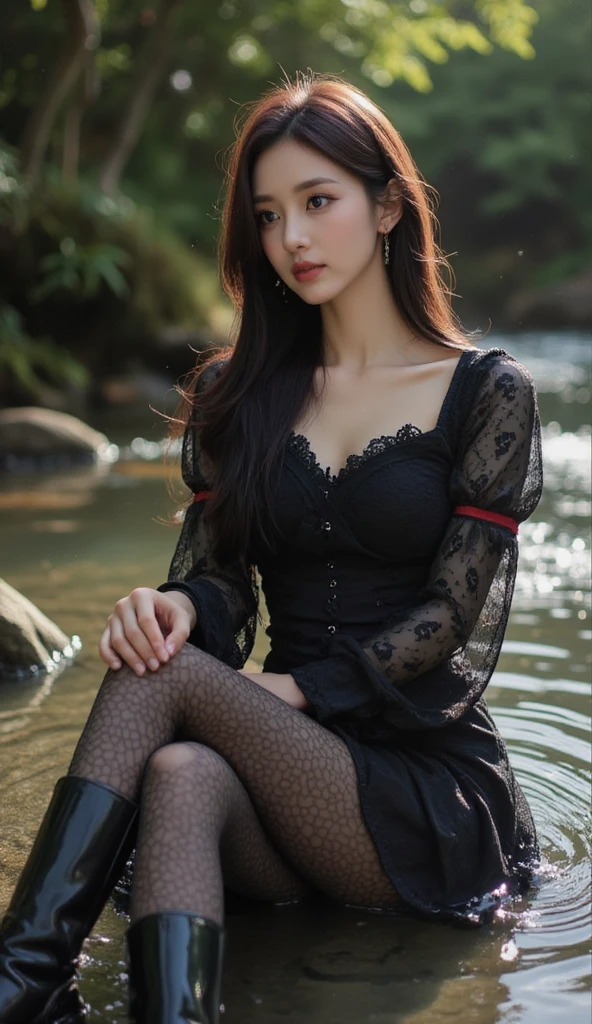 "Create an image of a 20 years old asian woman sitting elegantly in a serene, shallow stream with water gently flowing around her. She wears a dark, gothic-inspired lace corset dress with sheer, billowy sleeves that have subtle red accents. Her expression is calm and slightly distant, as she gazes into the distance with a soft, natural look. Long, straight hair flows down past her shoulders, and she wears knee-high, glossy black boots paired with lace-patterned stockings. The background is lush with greenery, creating a tranquil, enchanted forest atmosphere. Light sparkles on the water, adding a magical touch to the scene."

