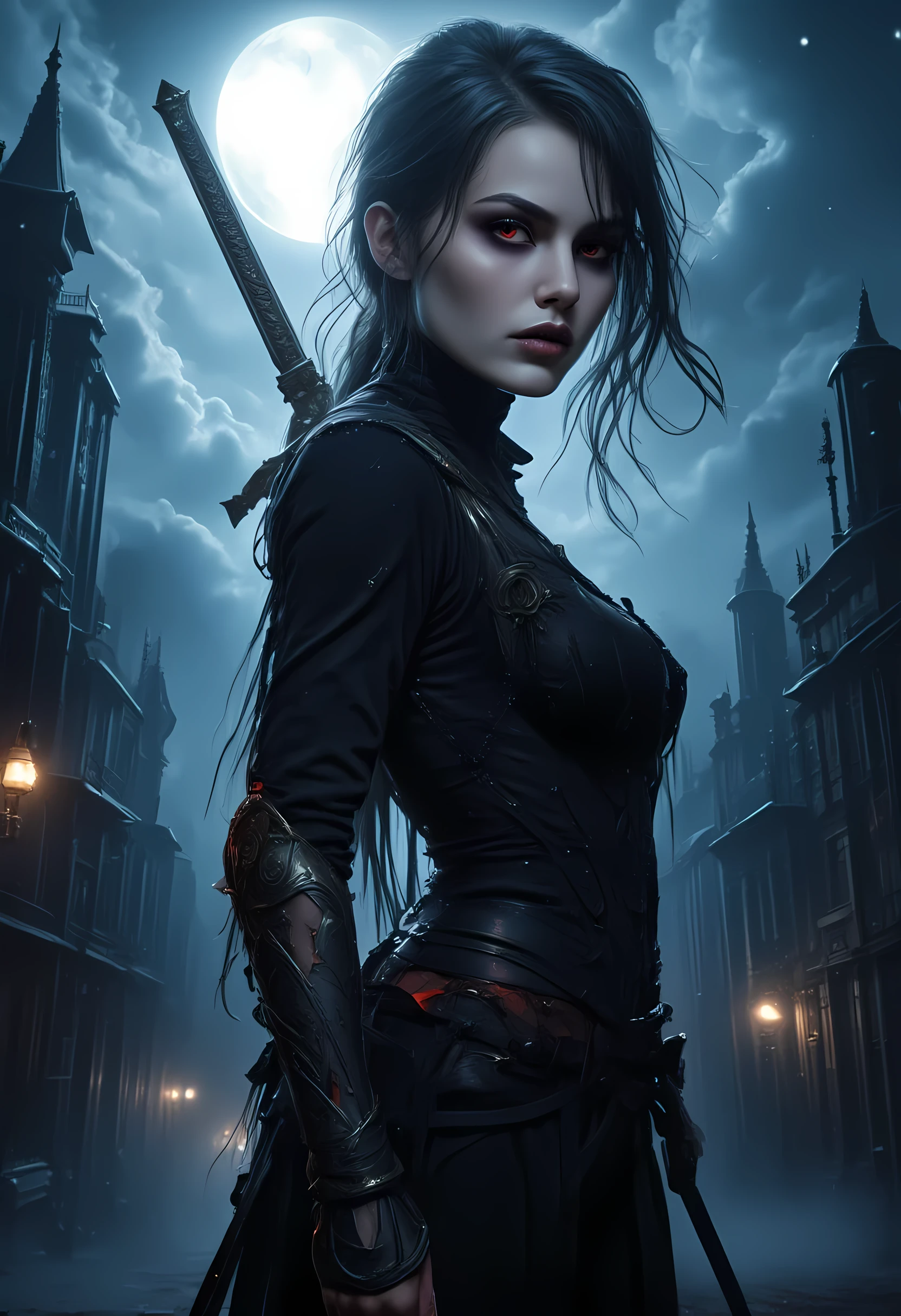 score_9, score_8_up, score_7 , Arafed, dark fantasy art, gothic art, a picturק of a vampire ready for battle, female vampire, armed with a sword, wearing heavy armor , armed with a sword, shining sword, ultra detailed face (intricate detailed, Masterpiece, best quality: 1.4), pale skin, glowing eyes, red eyes, ultra feminine, pale skin, dynamic hair, dark fantasy urban street (intricate detailed, Masterpiece, best quality: 1.4), moon light, star light, clouds, ral-ertmsphr