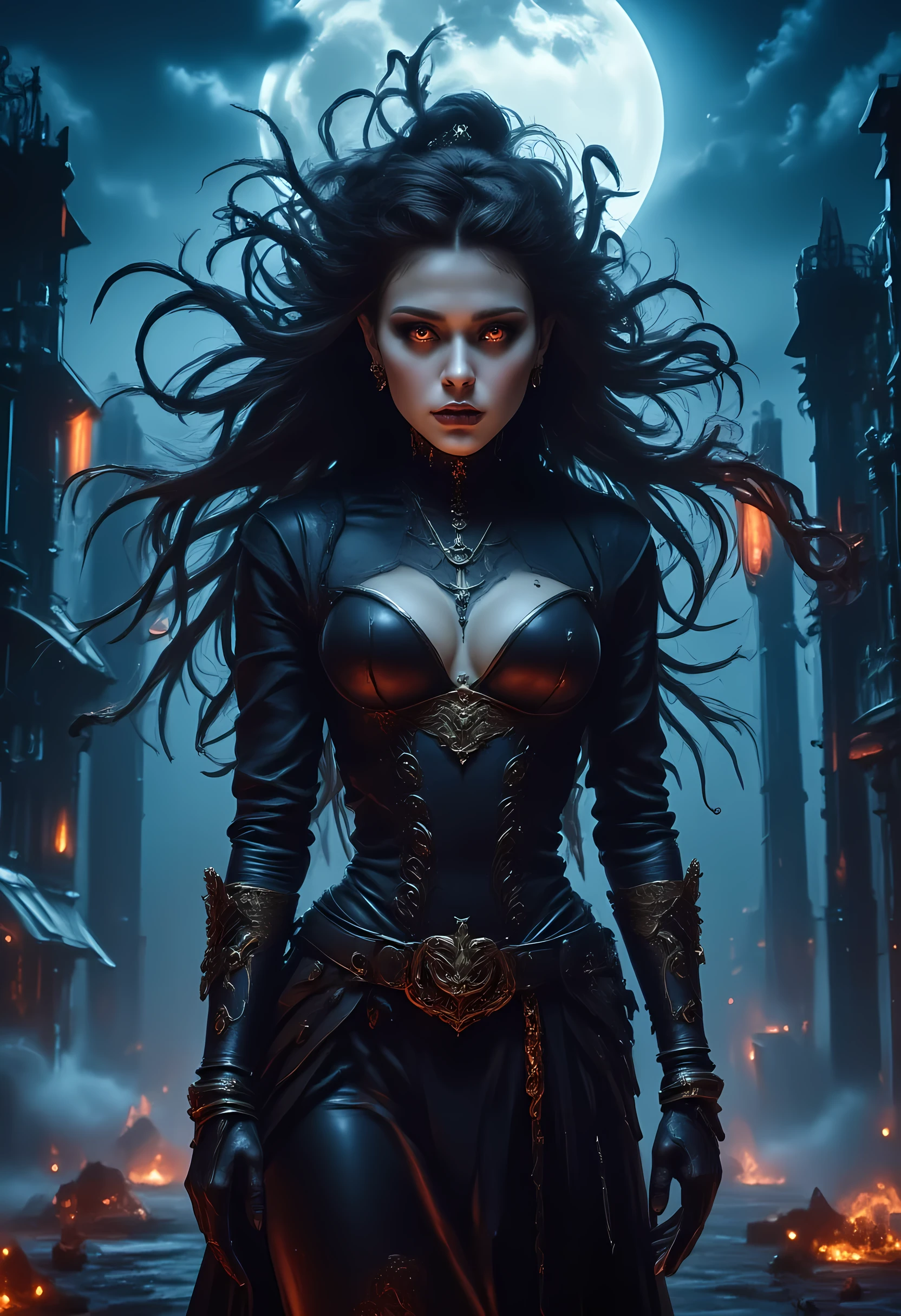 score_9, score_8_up, score_7 , Arafed, dark fantasy art, gothic art, a picturק of a vampire ready for battle, female vampire, armed with a sword, wearing heavy armor , armed with a sword, shining sword, ultra detailed face (intricate detailed, Masterpiece, best quality: 1.4), pale skin, glowing eyes, red eyes, ultra feminine, pale skin, dynamic hair, dark fantasy urban street (intricate detailed, Masterpiece, best quality: 1.4), moon light, star light, clouds, ral-ertmsphr