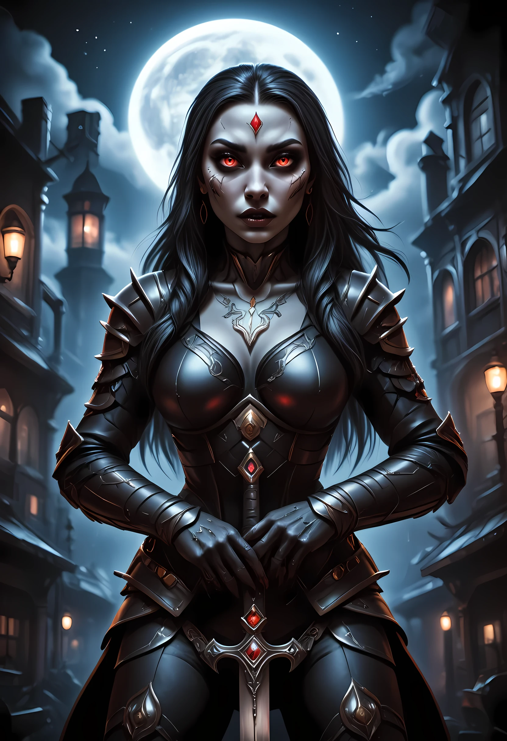score_9, score_8_up, score_7 , Arafed, dark fantasy art, gothic art, a picture of a vampire ready for battle, female vampire, glowing eyes, vampire fangs, armed with a sword, wearing heavy armor , armed with a sword, shining sword, ultra detailed face (intricate detailed, Masterpiece, best quality: 1.4), pale skin, glowing eyes, red eyes, ultra feminine, pale skin, dynamic hair, dark fantasy urban street (intricate detailed, Masterpiece, best quality: 1.4), moon light, star light, clouds, ral-ertmsphr