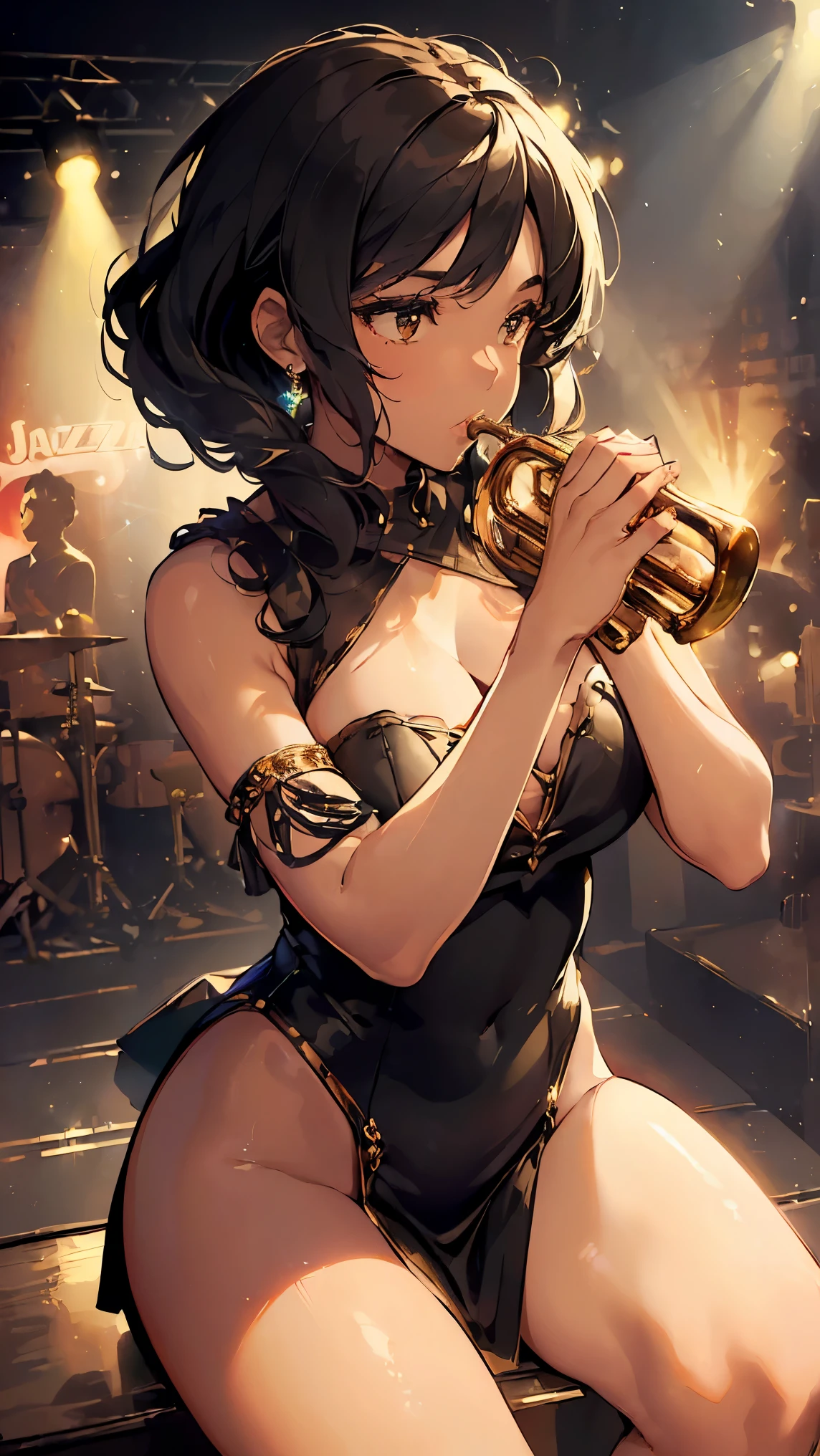 (((Best quality, 8k, Masterpiece: 1.3)), ((best quality)), ((masterpiece)), (detailed), perfect face, A powerful image of a Black female jazz trumpeter playing her trumpet passionately on stage. She has a confident, soulful expression, and she wears a stylish outfit with vibrant colors that evoke a jazz club atmosphere. The background is dimly lit, with warm, moody lighting, and hints of musical instruments and vintage jazz club decor. Her stance and posture show energy and charisma as she performs, with her trumpet reflecting the stage lights. The overall ambiance captures the soulful and expressive vibe of jazz music.