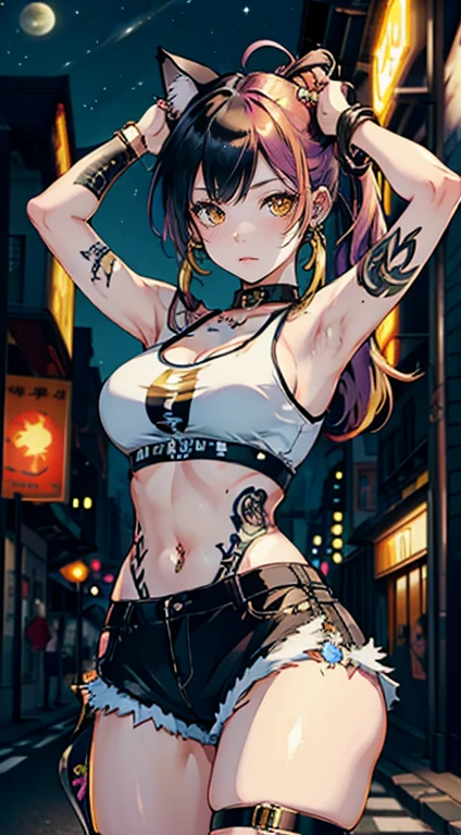 Beautiful cat girl, multicolored hair, glowing golden eyes, tattoo, piercing, street, dancing under the moon in a tank top and shorts, masterpiece, Best quality, high detail  