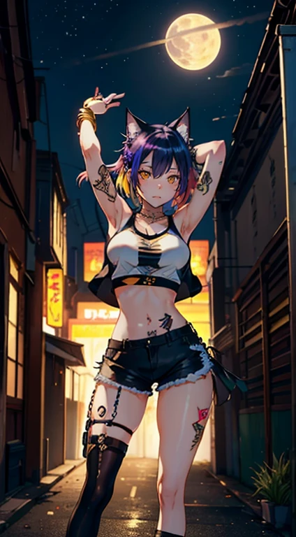 Beautiful cat girl, multicolored hair, glowing golden eyes, tattoo, piercing, street, dancing under the moon in a tank top and shorts, masterpiece, Best quality, high detail  