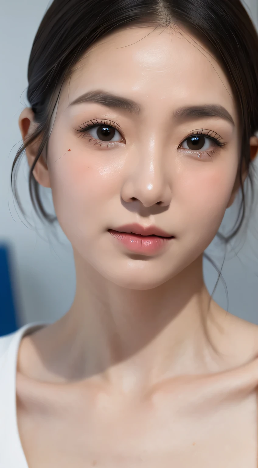 ((best quality, 8k wallpaper,  35 mm lens, highly realistic picture, high resolution, detailed face, detailed skin, master piece)), close up shot, (Japanese female housewife is seeing the lens sadly), 30 years old, smaller, small, delicate, Thin face, Striking eyes, Thin eyebrows, very short bob hair style, (Severe pain:1.5), Facial wrinkles, (wrinkles between eyebrows), (teary eyes:1.3), Frightened expression, (in a modern office room:1.3), seeing the lens,