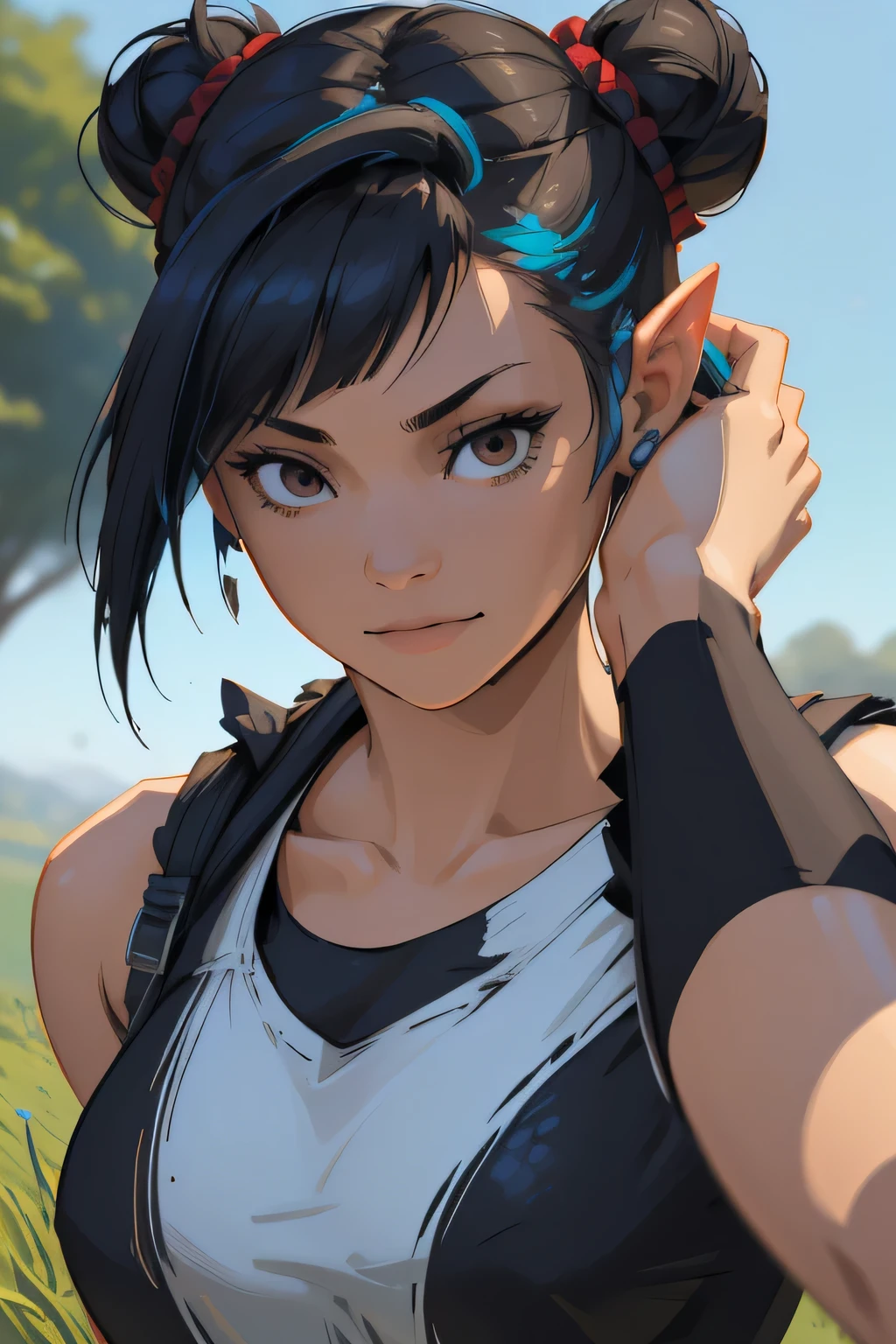 there is a woman with blue hair taking a selfie, short blue hair, with blue hair, blue short hair, short blue hair!!!, messy blue hair, halfbody headshot, blue hairs, blue hair, short blue haired woman, chloe price, sky blue highlights in hair, cyberpunk dyed haircut, flowing blue hair, brown hair with light blue ends, blue and black, LAUFEN, SHORT HAIR, DOUBLE BUN, BLUNT BANGS, Laofen, brown hair, brown eyes, hair_ornament, arafed woman with long black hair and a white shirt, seductive tifa lockhart portrait, tifa lockheart, tifa lockhart portrait, portrait of sadako of the ring, tifa lockhart, portrait of tifa lockhart, tifa, with haunted eyes and dark hair, with long dark hair, with long black hair, anime girl cosplay in a field, running smile face