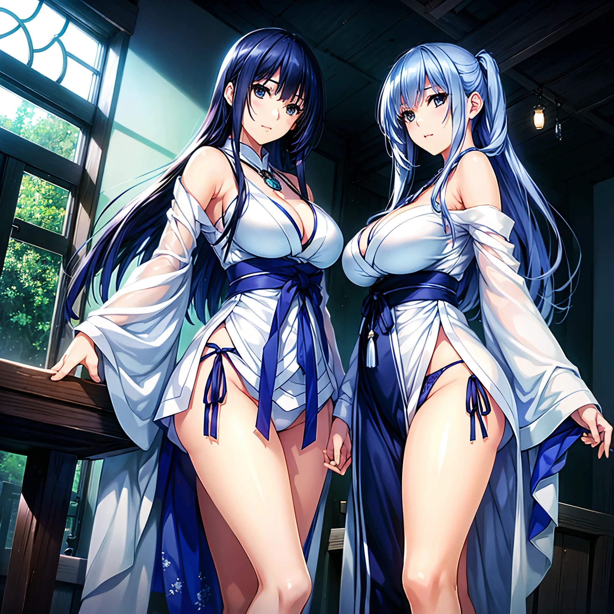 ((Beautiful ultramarine blue hair 、Tree Eyes、Two adult women、 white kimono、White string panties、 bottomless、Big Breasts、 cleavage、Captivating thighs、geta、 holding an amulet in her hand、 adult woman on the house、from below))、 glamorous body、Extremely sexy、White tabi socks、Moonlit Night、 standing 、Beautiful long legs、cowboy shot、from below