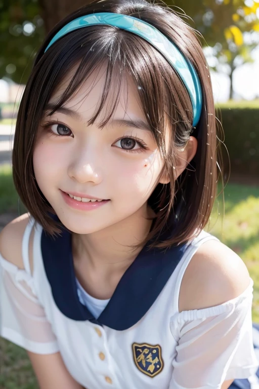 outdoor, school, idol, One girl, Japanese, Middle school students, Elementary school student, prety, Sparkling eyes, No body hair, Thin legs, Attention to detail, Highest quality, High resolution, bobbed hair, short bob, school uniform, Middle school students, Elementary school student, 10years old, upper body, sunset, moonlight, close up of face, smile, to be lost in thought, see through, no under wears, hairband, Anatomically correct, Textured skin, high quality, high quality, high details, best quality, highres, super detail, accurate, high details, best quality, highres, super detail, accurate