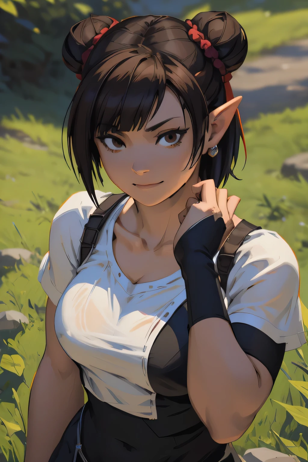 There was a woman sitting at the table LAUFEN, SHORT HAIR, DOUBLE BUN, BLUNT BANGS, Laofen, brown hair, brown eyes, hair_ornament, arafed woman with long black hair and a white shirt, seductive tifa lockhart portrait, tifa lockheart, tifa lockhart portrait, portrait of sadako of the ring, tifa lockhart, portrait of tifa lockhart, tifa, with haunted eyes and dark hair, with long dark hair, with long black hair, anime girl cosplay in a field, running smile face