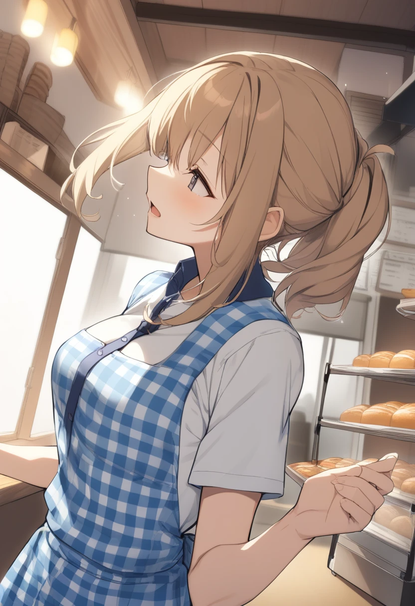  1 girl, medium breasts,
Kobeya uniform,  blue skirt  , Blue Necklace, gingham apron, Bakery,
Dutch Corner,  upper body,  facing sideways , A lonely smile,   opens her mouth,
Best Quality,medium quality,