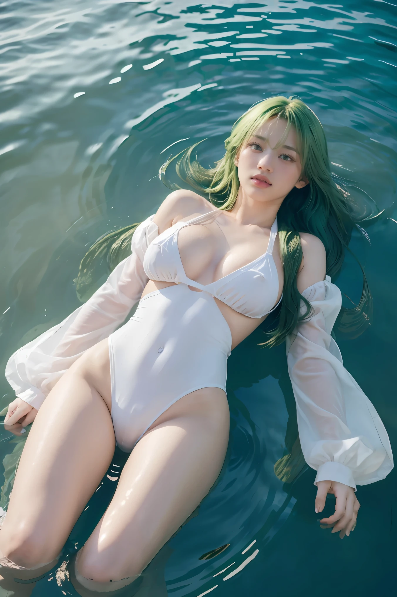 (masterpiece, best quality, detailed), 1girl, solo, looking at viewer, c.c., yellow eyes, green hair, long hair, bangs, medium breasts, straitjacket, white bodysuit, white shoes, water, partially submerged, from above, afloat, shallow water, parted lips, lying, on back, long sleeves, wide sleeves,