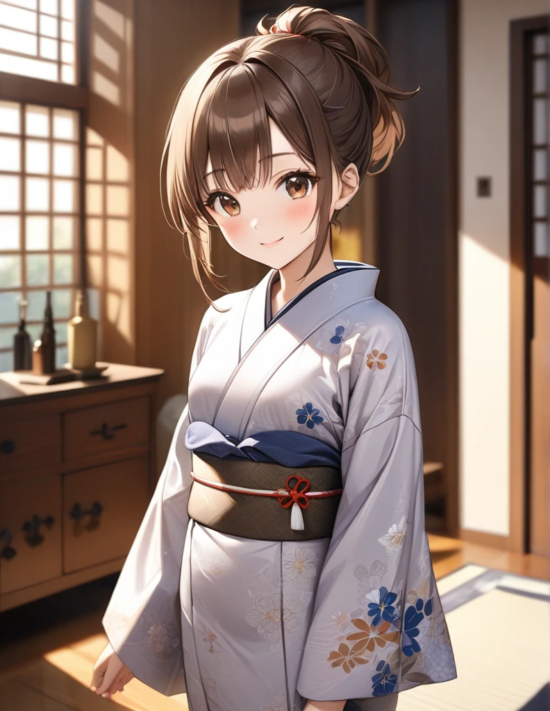 masterpiece, Best Quality,  Beautiful Details,Fine-grained texture, Fine skin,  perfect face,( best shadow ),( Disorganized ),( detailed background),( so beautiful), Brown Hair、 Brown Eyes 、kimono,Long-sleeved kimono、 living room 、 background blur, whole body、Real Skin,Small breasts、blush、smile、 short ponytail,  from the front、