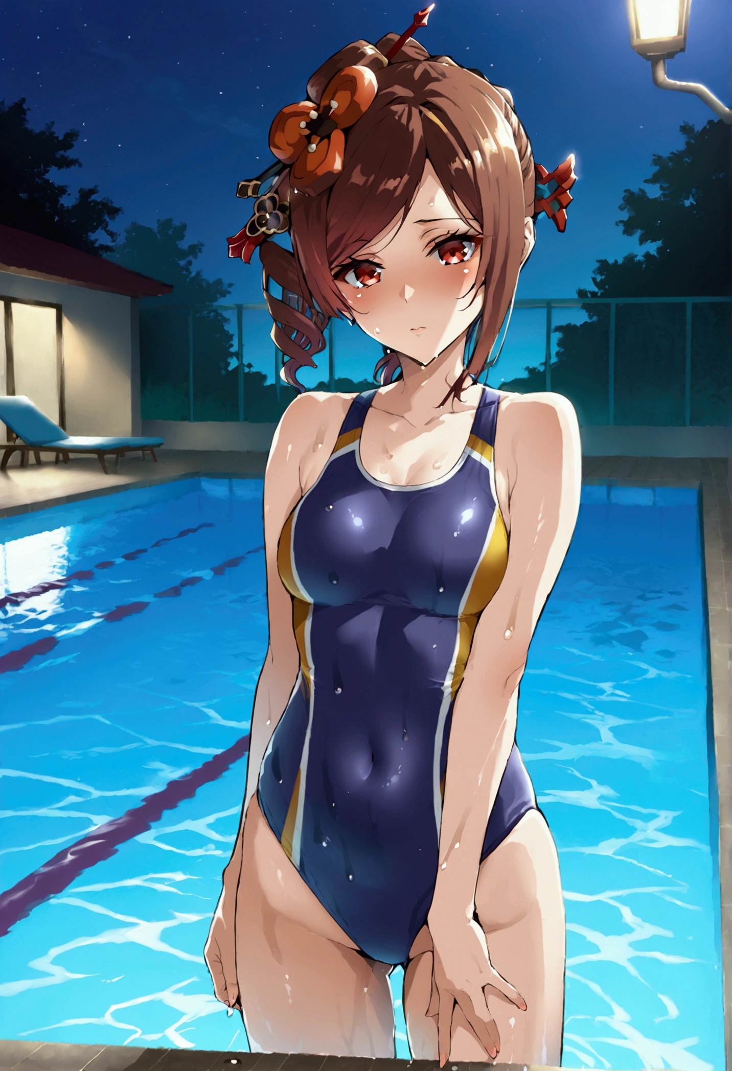 chiori, brown hair, hair ornament, red eyes, flower, hair flower, one-piece swimsuit, undersized swimsuit, sexy pose, blush, shy, Pose seductively, Posing provocatively, Wet body, pool, night, looking at viewer, Body tingling, Beautiful view, good atmosphere, 1girl, takeda hiromitsu style