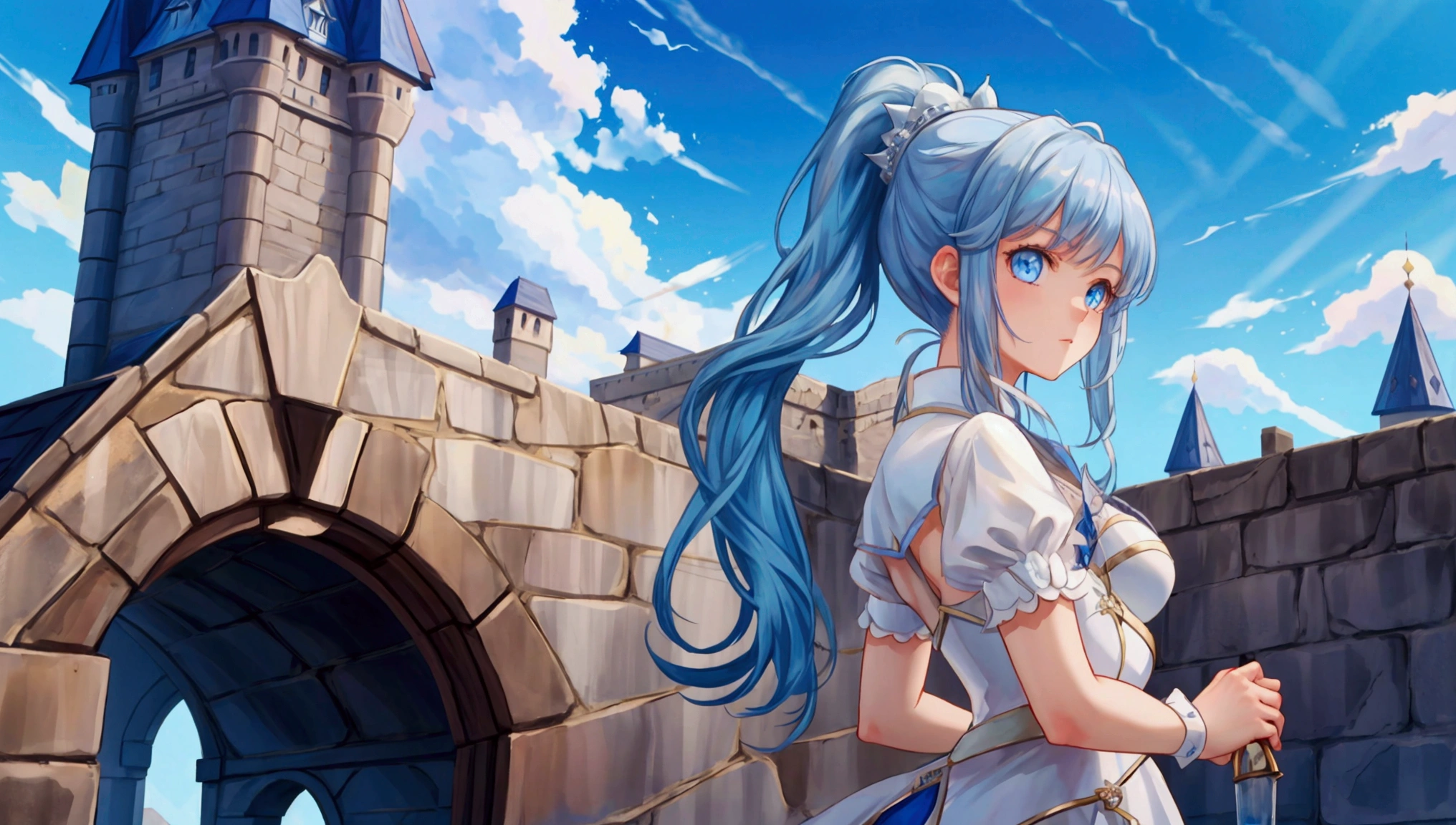 The girl in the castle with the blue ponytail and sky blue eyes is a noblewoman.