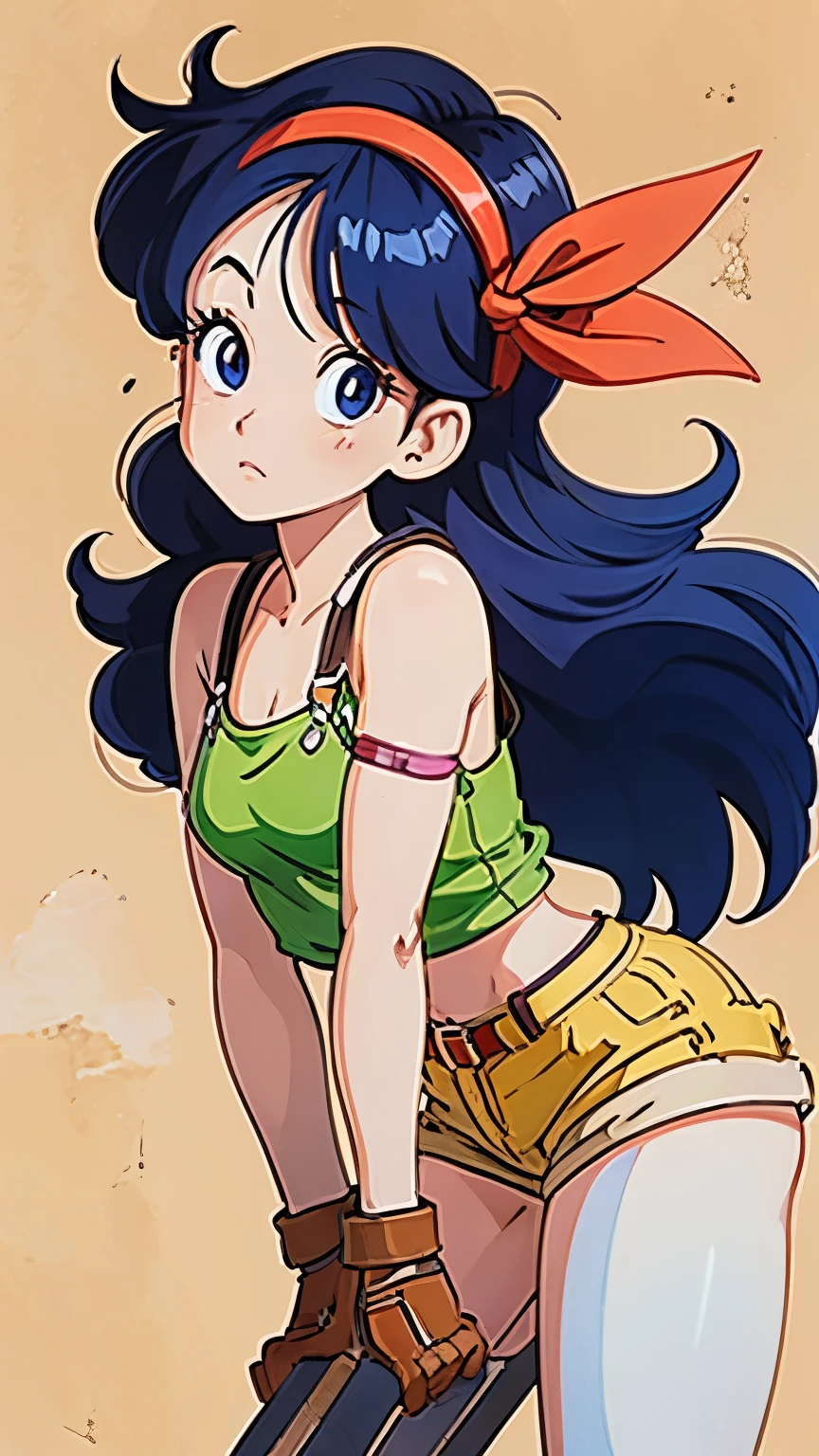 A girl with blue hair and a big ribbon, with wide, beautiful eyes, leaning forward and looking at the camera, wearing a yellow tank top with leather straps, khaenim shorts with a leather belt, leather gloves, a friendship bracelet, a cool pose, and a solid cream background