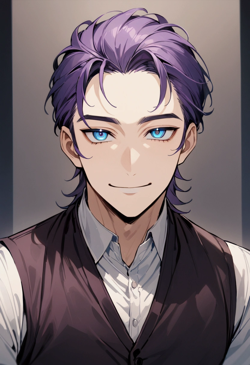 whole body、Character portrait、male、masterpiece、Handsome、The forehead is visible、1 man,  purple Hair、Jacket、Give bangs、Showing his forehead、Handsome、Intricately drawn eyes、good looking、((blue eyes)), 30 years old, handsome male, wearing vest, sarcastic, sarcastic smile