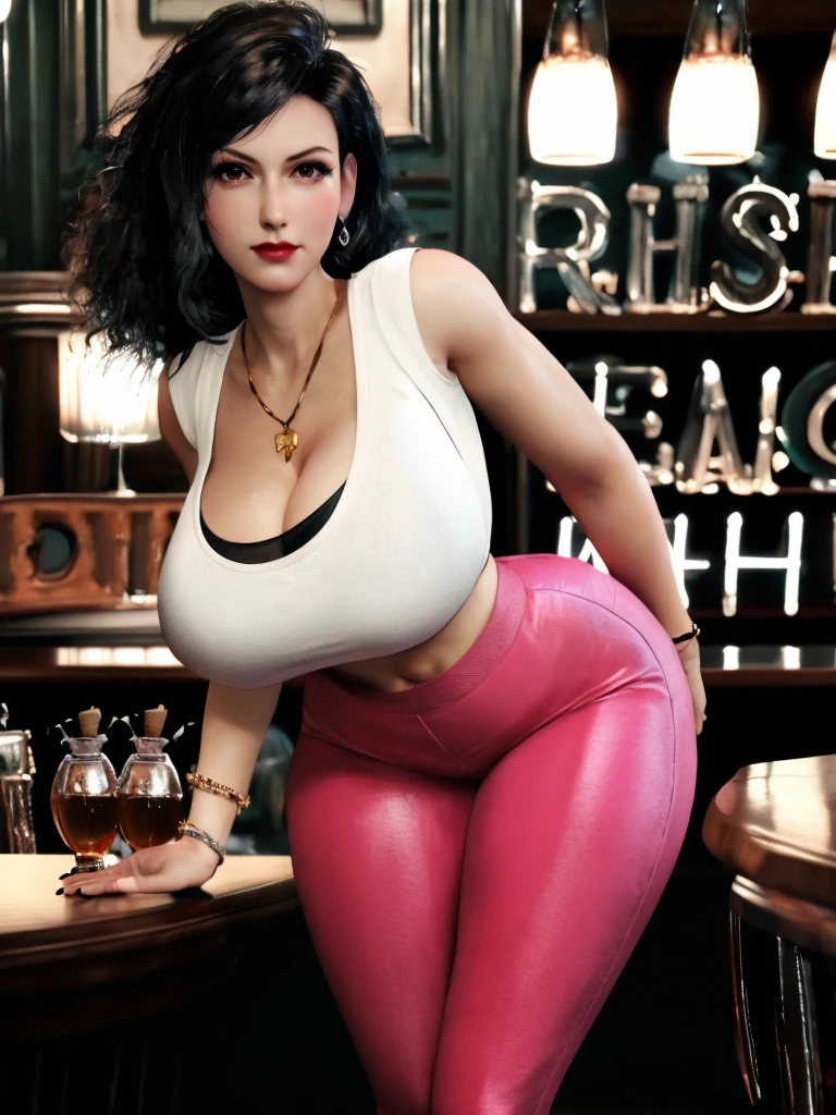 Tifa lockhart, implanted Big breast, (((tight white Tank top))),Game,1girl,Gold chained round shape necklace,Bracelet,Big cleavage,Unnatural big breast,Cleavage,black color long nail,Swaying hip,Thick tights,Wide hips,very big cleavage,Enchanced big breast,Detailed eyes,Busty,View from front,dangerous cleavage,semi sweetheart cleavage,Solo,looking at you,detailed hands,Detailed eyes,Gaze on viewer,hand in hip pose,Dangerous cleavage,High quality,(((thin pink pants))),Messy Curly thick hair,Heavy make up,Stud earring,ear piercing,Tattoo in arm,on the bar as bar owner,Ashtray,Smoking cigar in hand,thin Chocker,1girl,Solo,Curvy figure,Smug,Red glossy lips,Seductive gaze,((head visible)),Smirk,Gold bracelet,Long nail