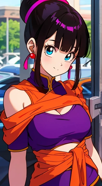 masterpiece， best quality，Best Quality， perfect anatomy ，Perfect face， perfect eyes， 1 girl，dbzch1ch1，（Black colored hair:1.4)，Horizontal hair，With bangs，(,((shiny rainbow color ander boob micro bikini)))，Single Hair Bun， bun hair，（Iris）， orange cashmere， red spherical earrings， Red Wristbands ，, ((shiny rainbow color ander boob micro bikini)), whole body, ((shiny rainbow color ander boob micro bikini))