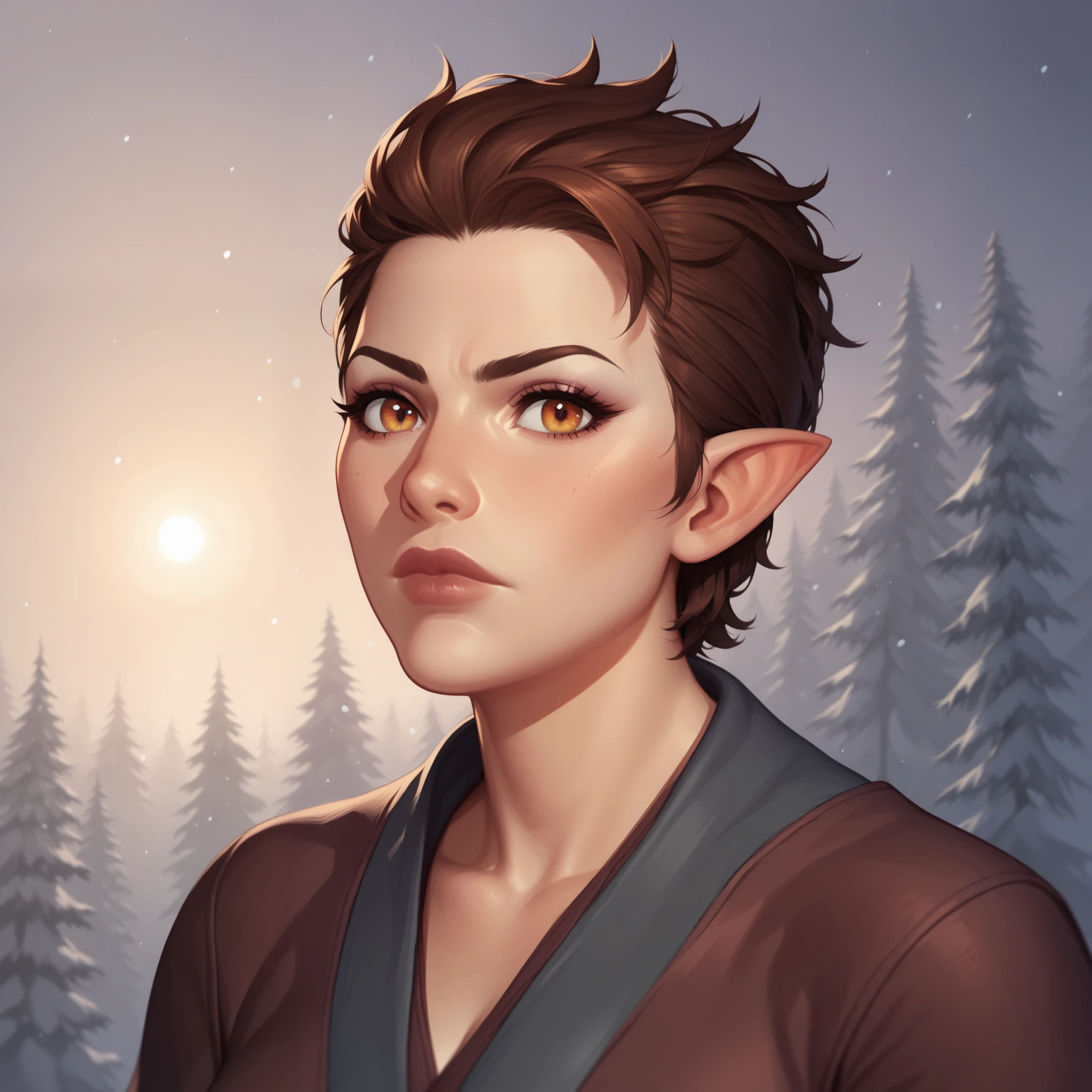 (((beautiful, high quality, comics style, detailed face))), score_9, score_8_up, score_7_up, BREAK, 1woman, brunette, honey eyes, short pointy ears:1.5, robes, solo, portrait, upper body, portrait, serious expression, at night, snow forest background, fantasy, (dynamic lighting:1.1) ((masterpiece)