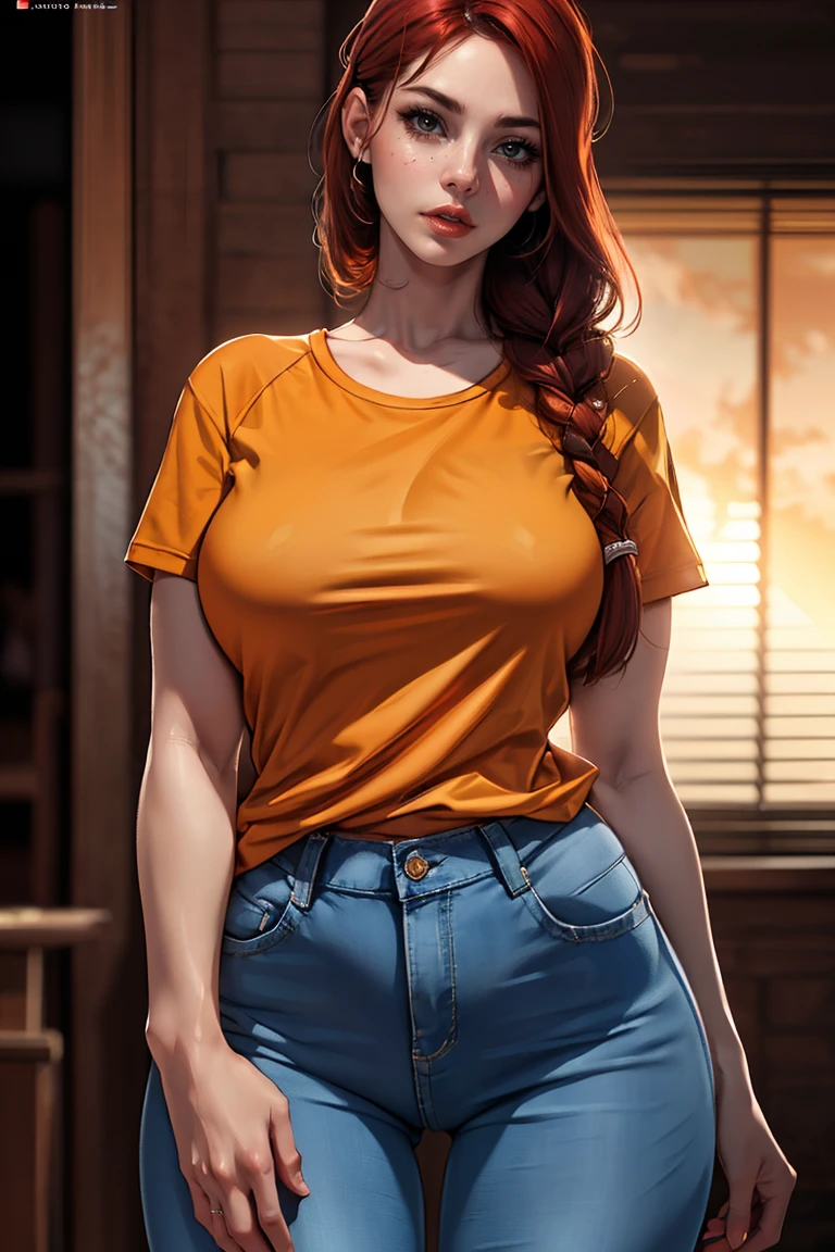 realistic photorealistic beautiful woman, detailed beautiful eyes, detailed beautiful lips, extremely detailed face and eyes, long red hair, braided hairstyle, voluptuous figure, large breasts, orange t-shirt, black jeans, V8 turbine style, (best quality, 8k, highres, masterpiece:1.2), ultra-detailed, (realistic, photorealistic, photo-realistic:1.37), (cinematic lighting)