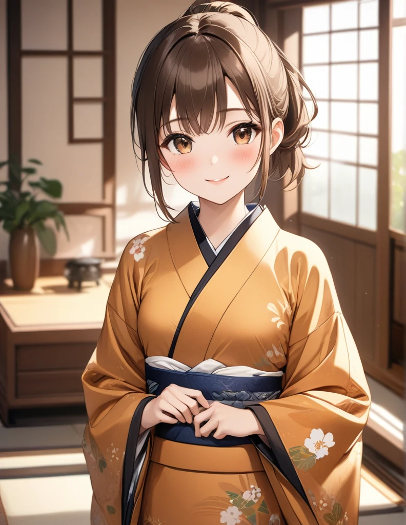 masterpiece, Best Quality,  Beautiful Details,Fine-grained texture, Fine skin,  perfect face,( best shadow ),( Disorganized ),( detailed background),( so beautiful), Brown Hair、 Brown Eyes 、kimono,Long-sleeved kimono、 living room 、 background blur, whole body、Real Skin,Small breasts、blush、smile、 short ponytail,  from the front、